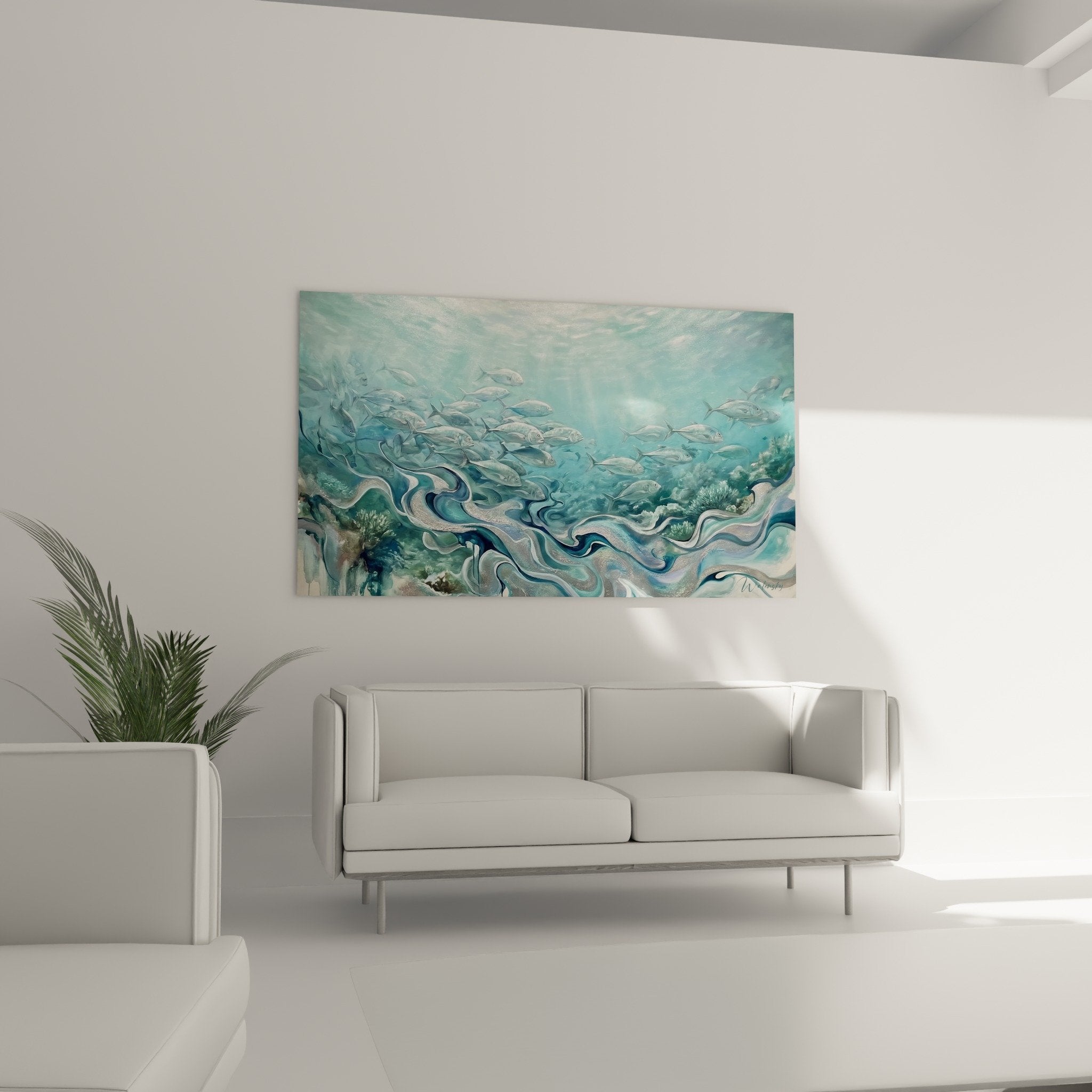 Détail poissons argentés reflets eau turquoise tableau pêche rivière mouvement fluide