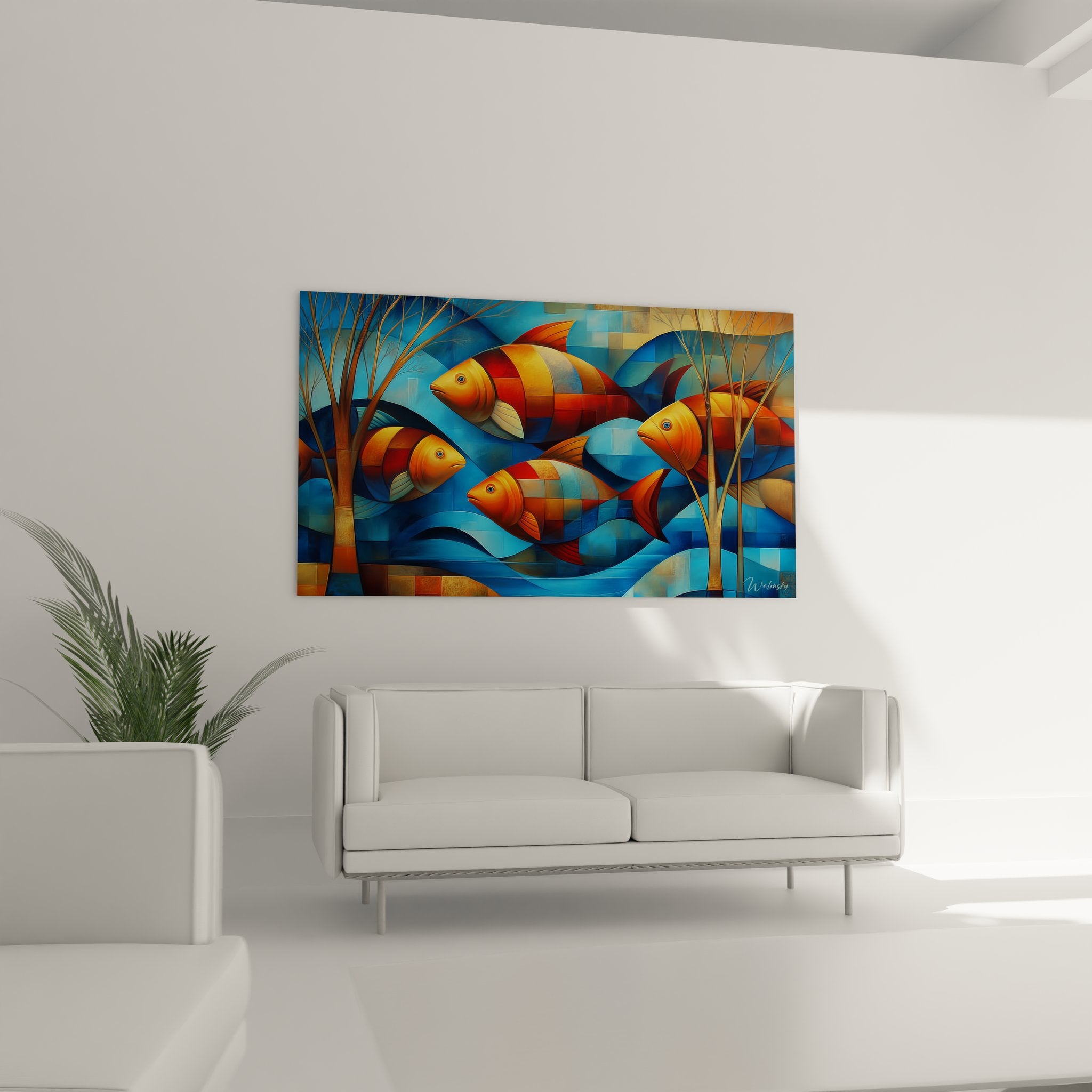 Gros plan détails poissons cubistes géométriques tableau art contemporain thème océanique