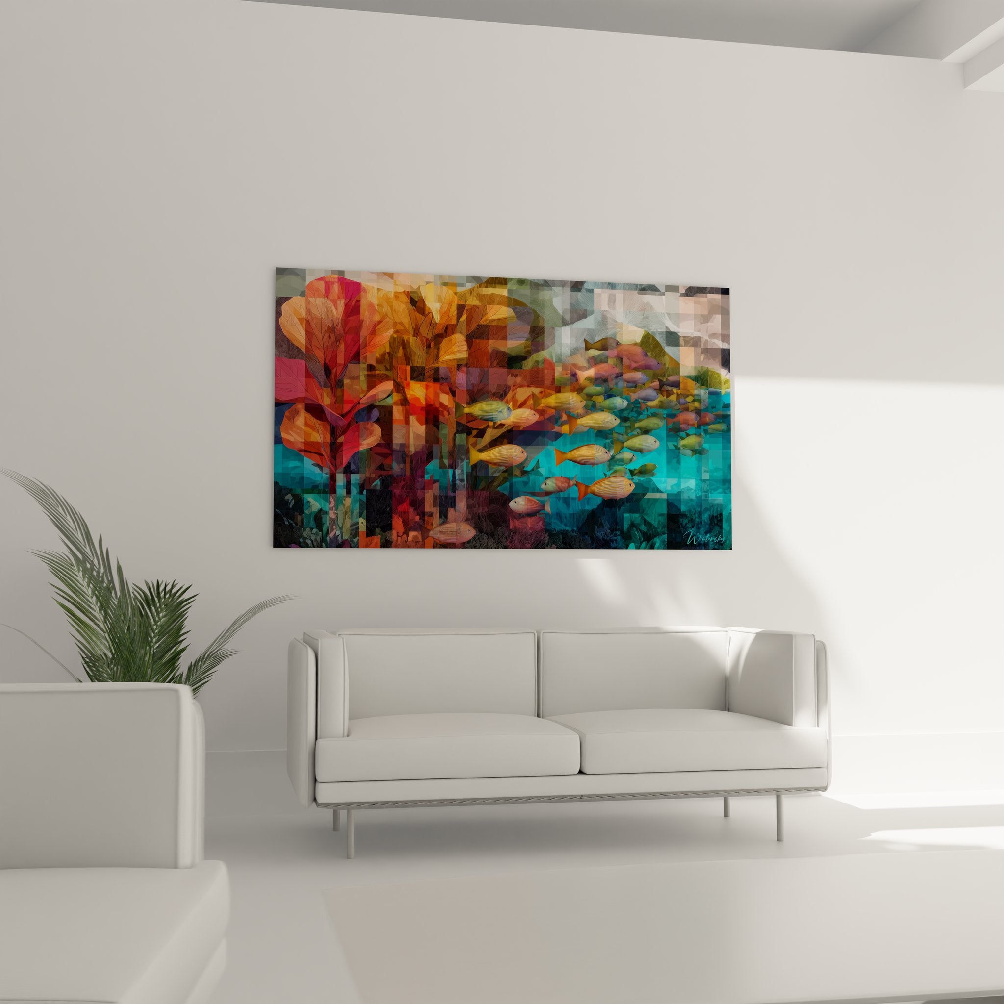 Détail tableau récif corallien montrant poissons tropicaux et coraux, technique artistique fragmentée