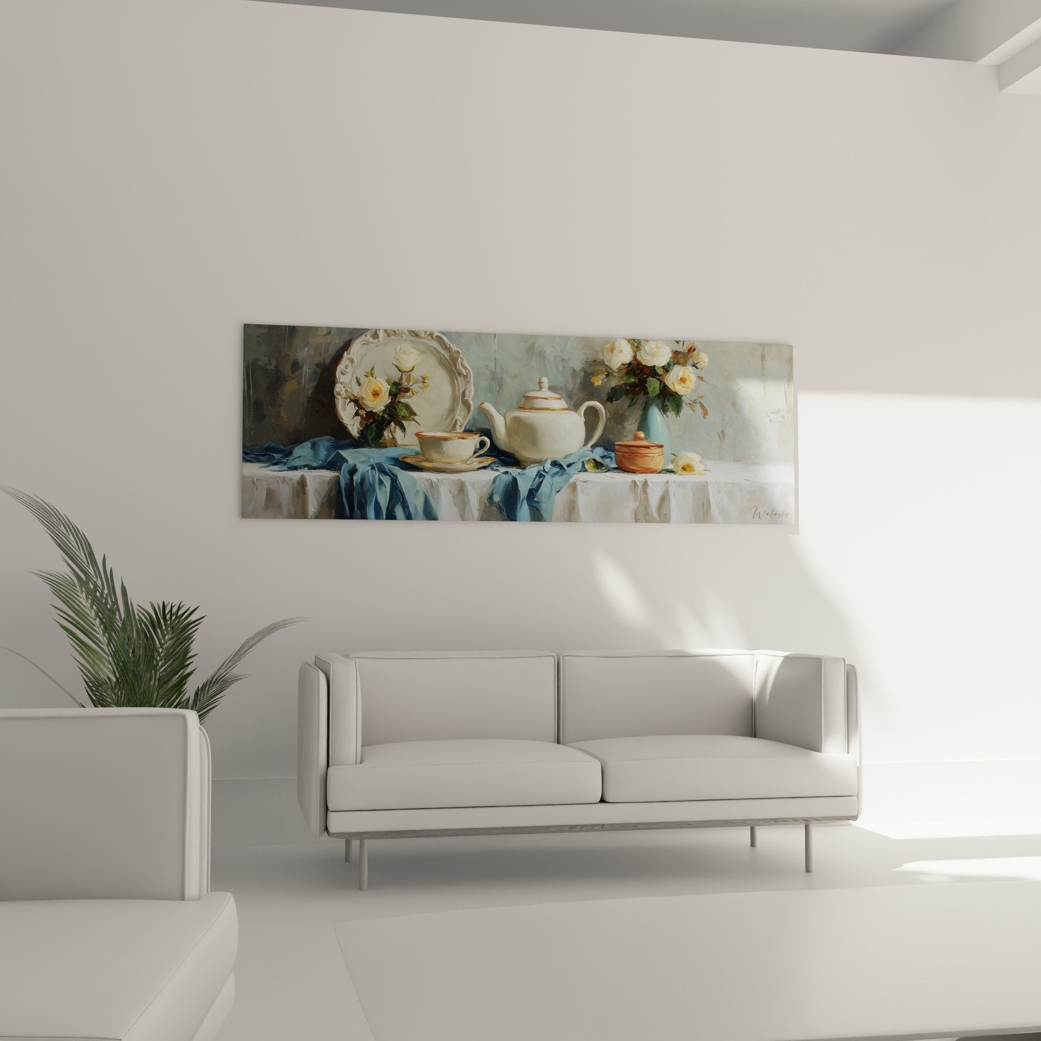 Détail tableau porcelaine blanche roses jaunes peinture nature morte théière raffinée