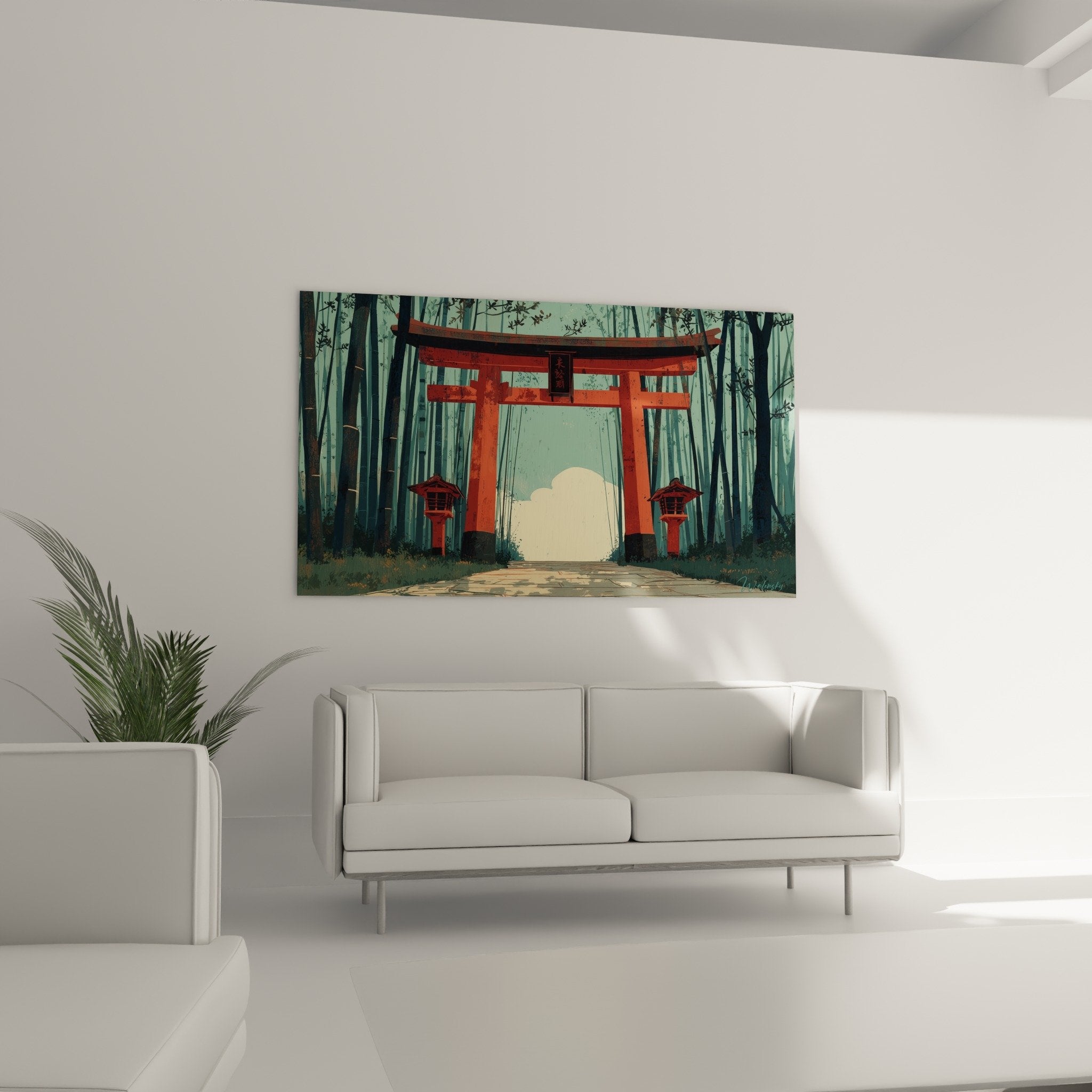 Detail scarlet torii gate red lanterns green bamboo misty atmosphere