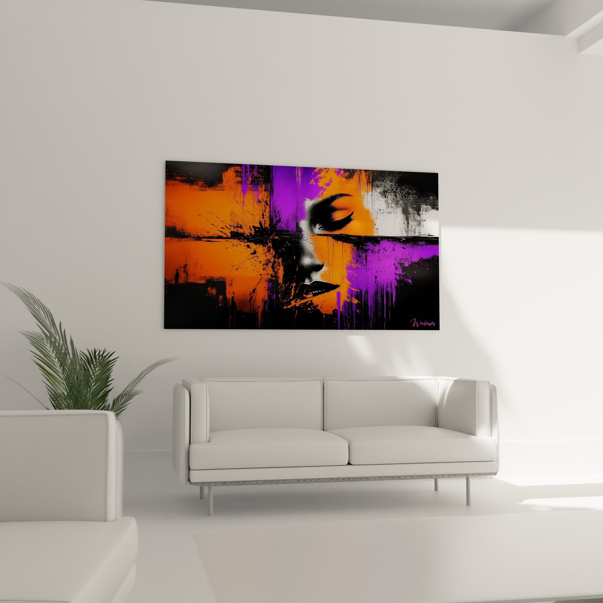 Détail portrait abstrait féminin couleurs vives orange violet textures peinture moderne art mural