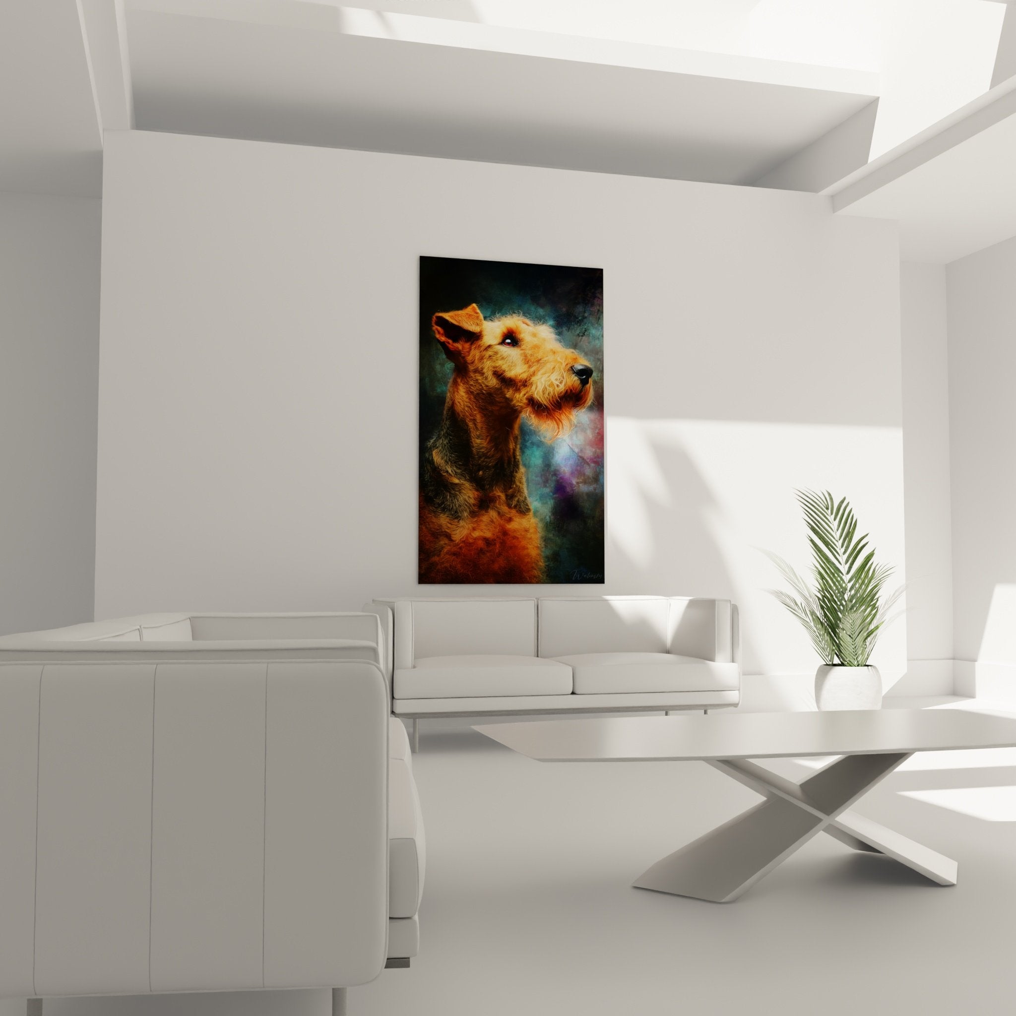 Détail portrait Airedale Terrier peinture réaliste, textures pelage cuivré et regard intense terrier