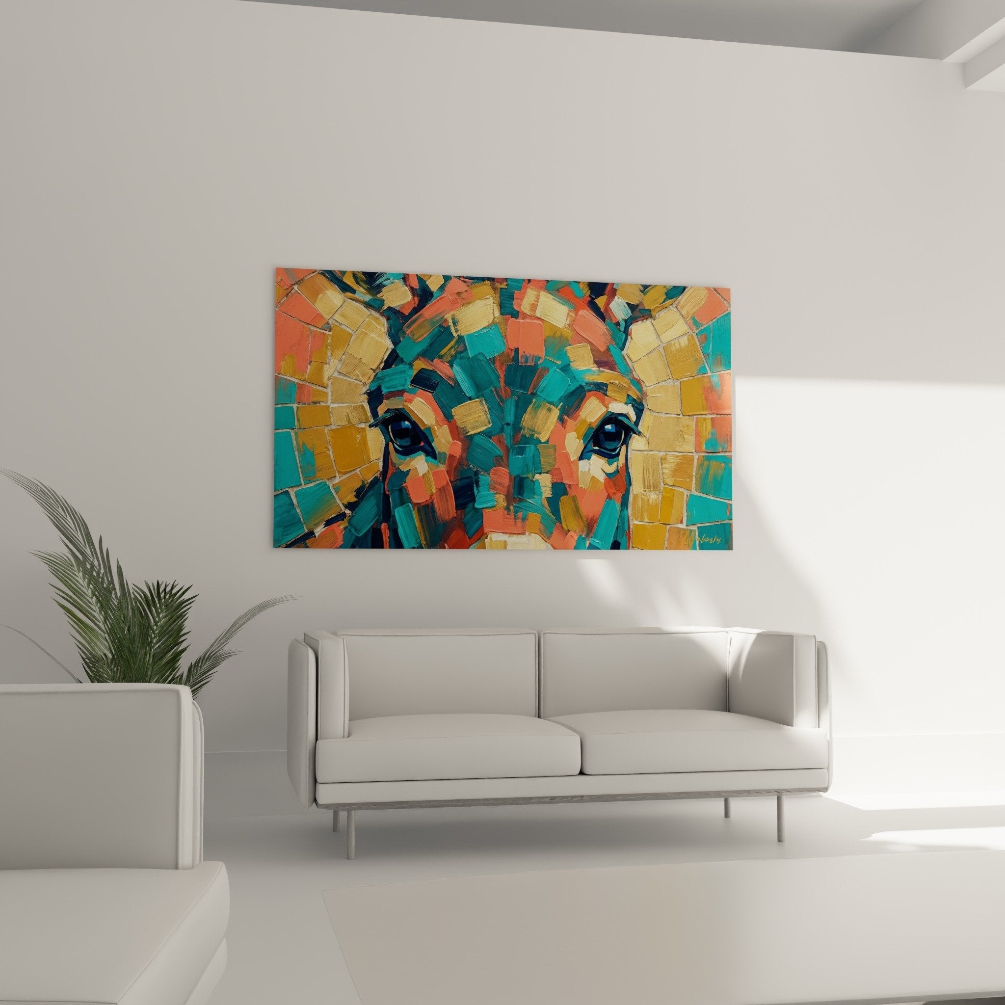 Donkey portrait detail mosaic technique colorful turquoise coral tiles golden accents expressionist painting