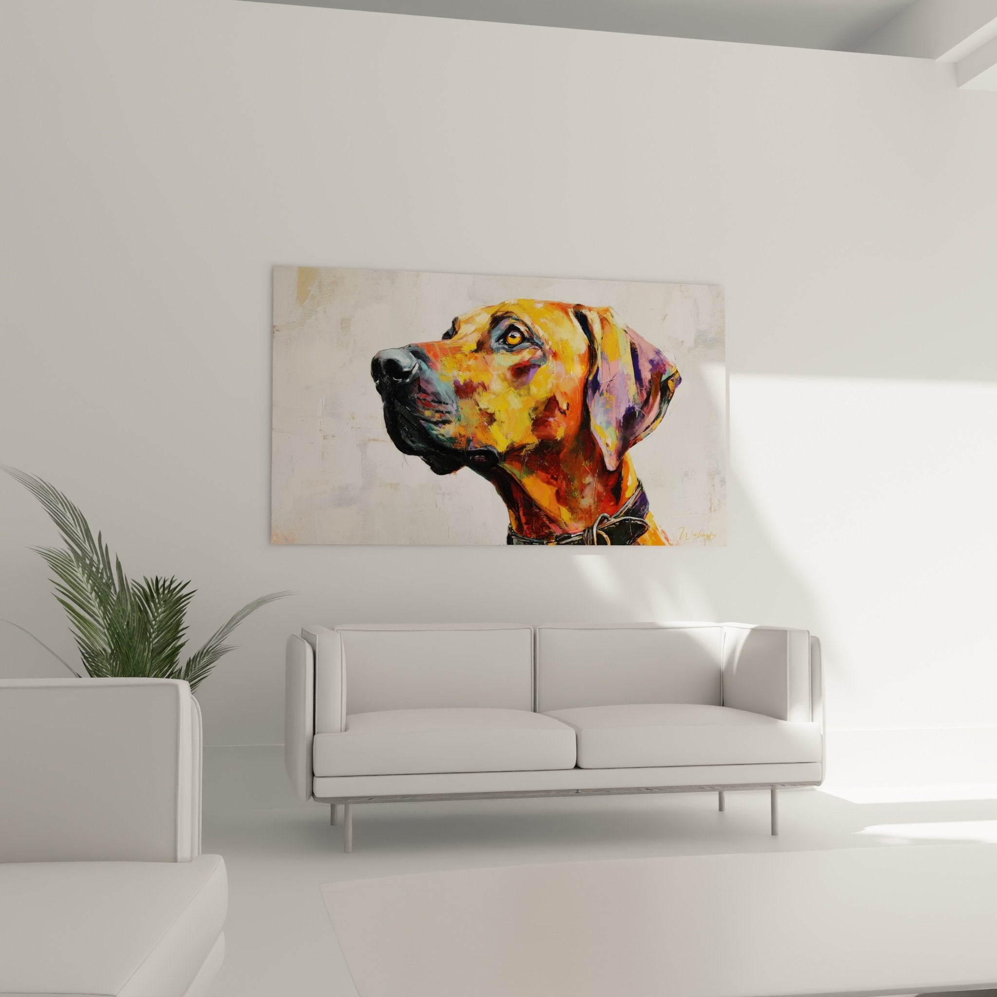 Détail du portrait expressionniste de Rhodesian Ridgeback avec couleurs vives et empâtements