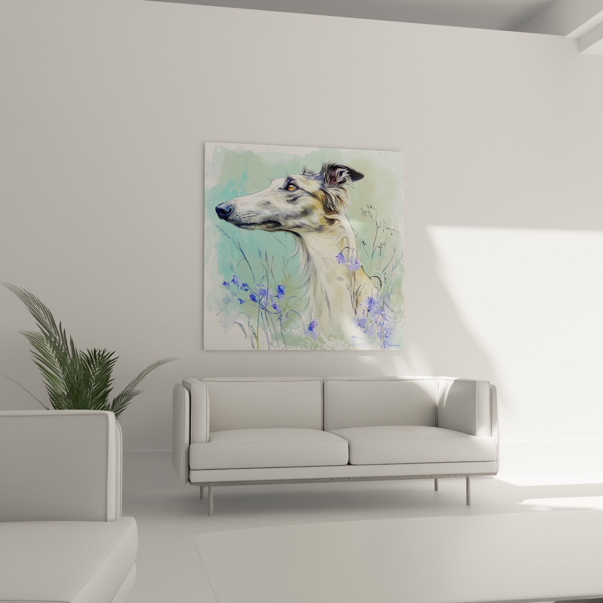 Détail aquarelle lévrier Barzoi pelage crème, campanules bleues, technique picturale douce et vaporеuse