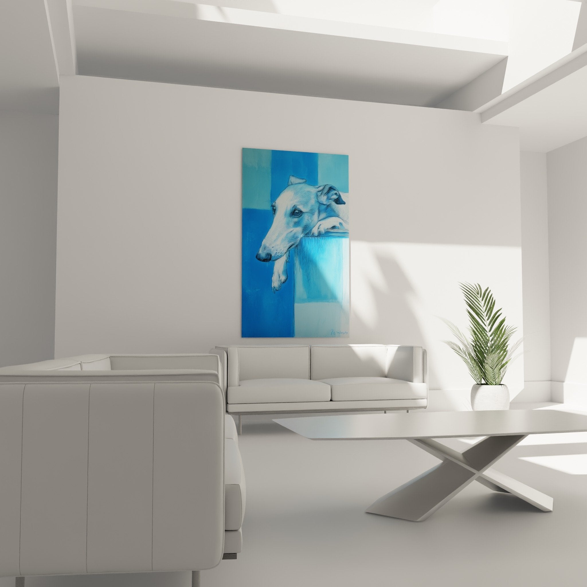 Détail portrait Barzoi bleu museau allongé pelage soyeux nuances bleues art animalier contemporain