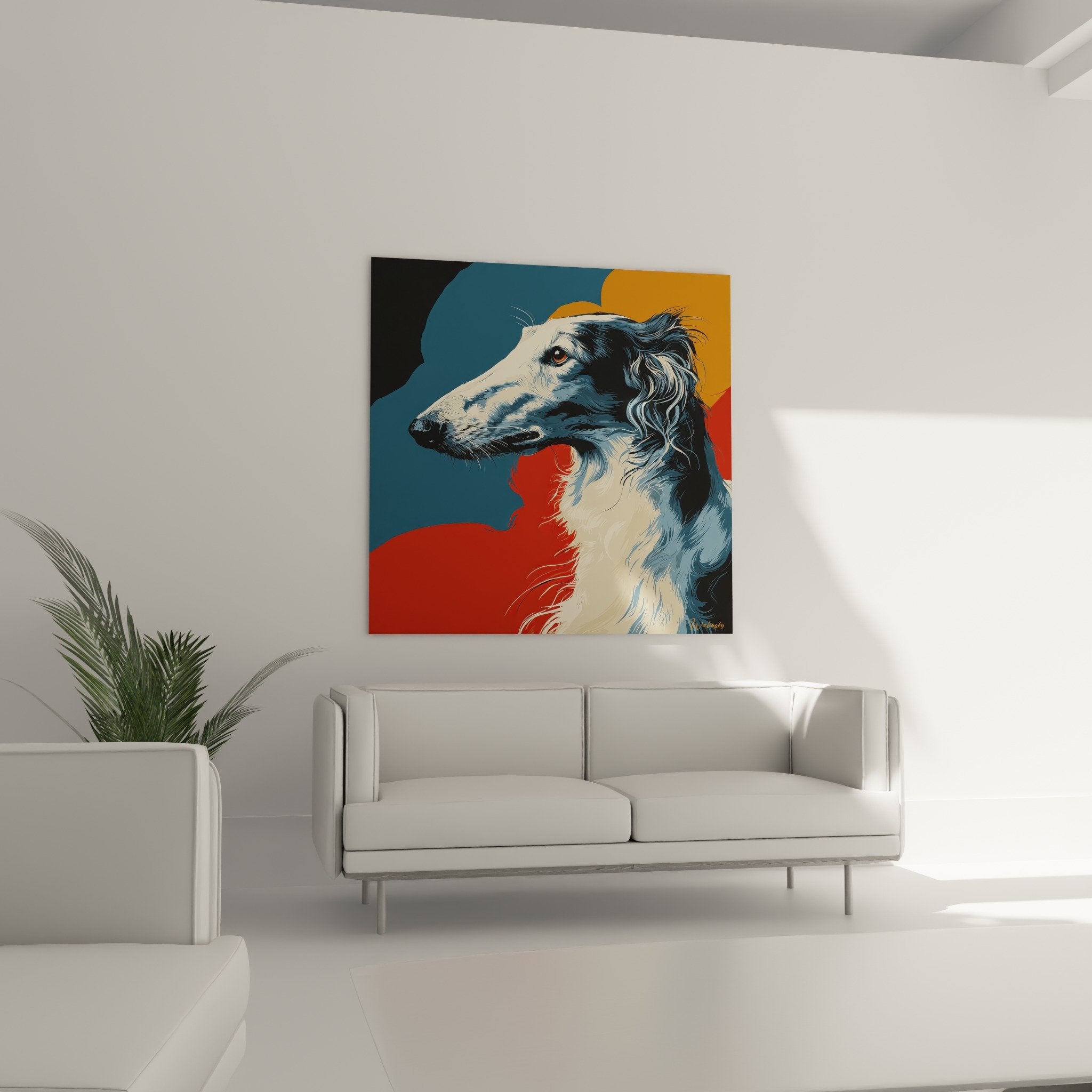 Détail rapproché du portrait de barzoi aux tons bleus, montrant finesse du pelage et expressivité