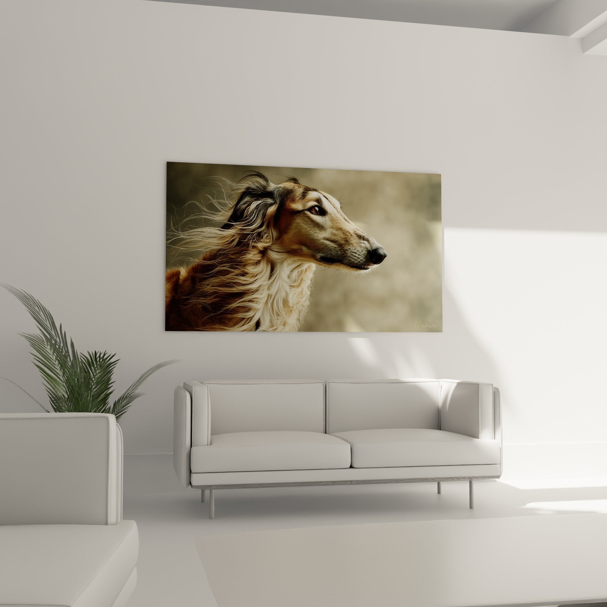 Détail portrait Barzoi, pelage doré et fauve, expression noble et sereine