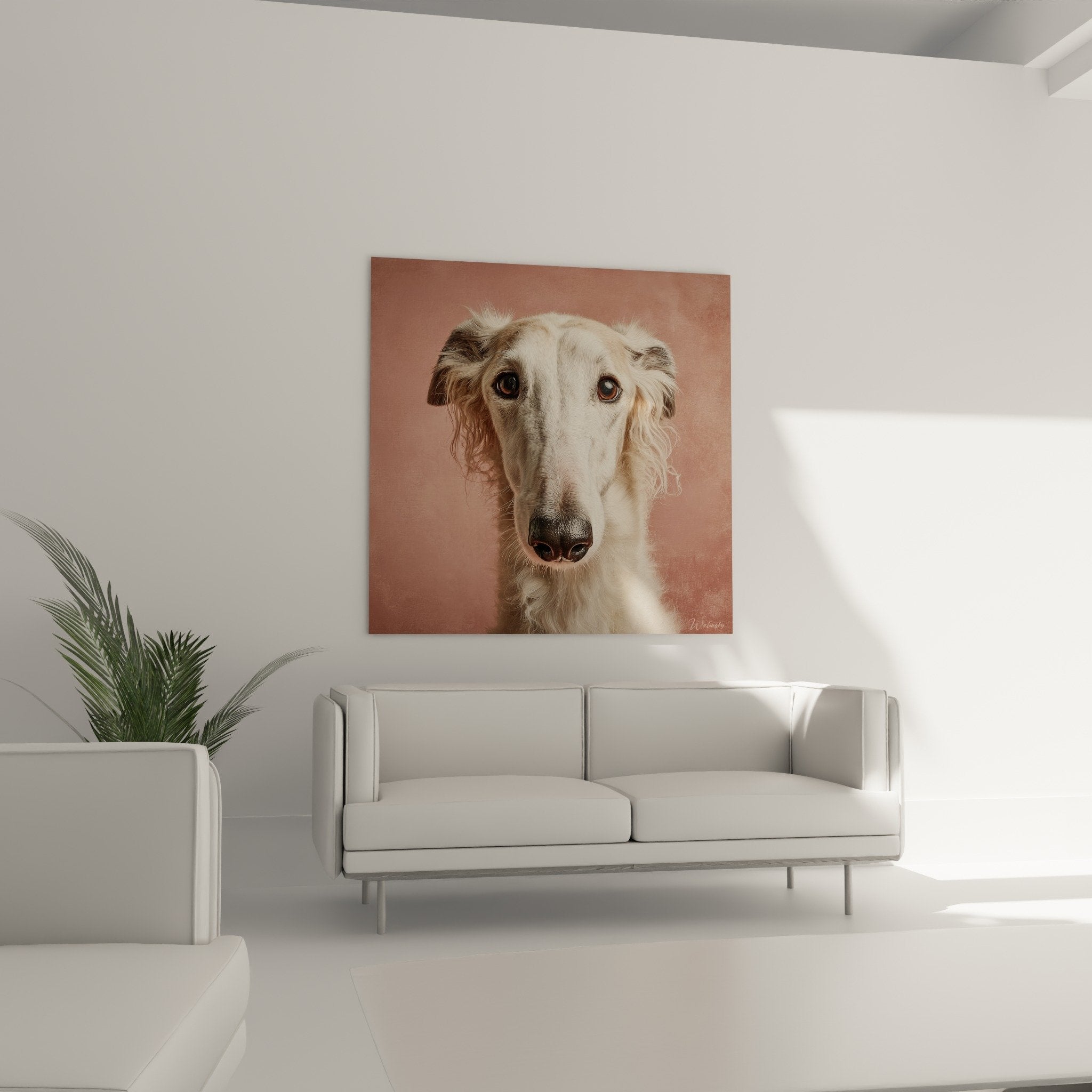 Détail portrait Barzoi, yeux ambrés expressifs, pelage nacré texturé, nuances roses poudrées