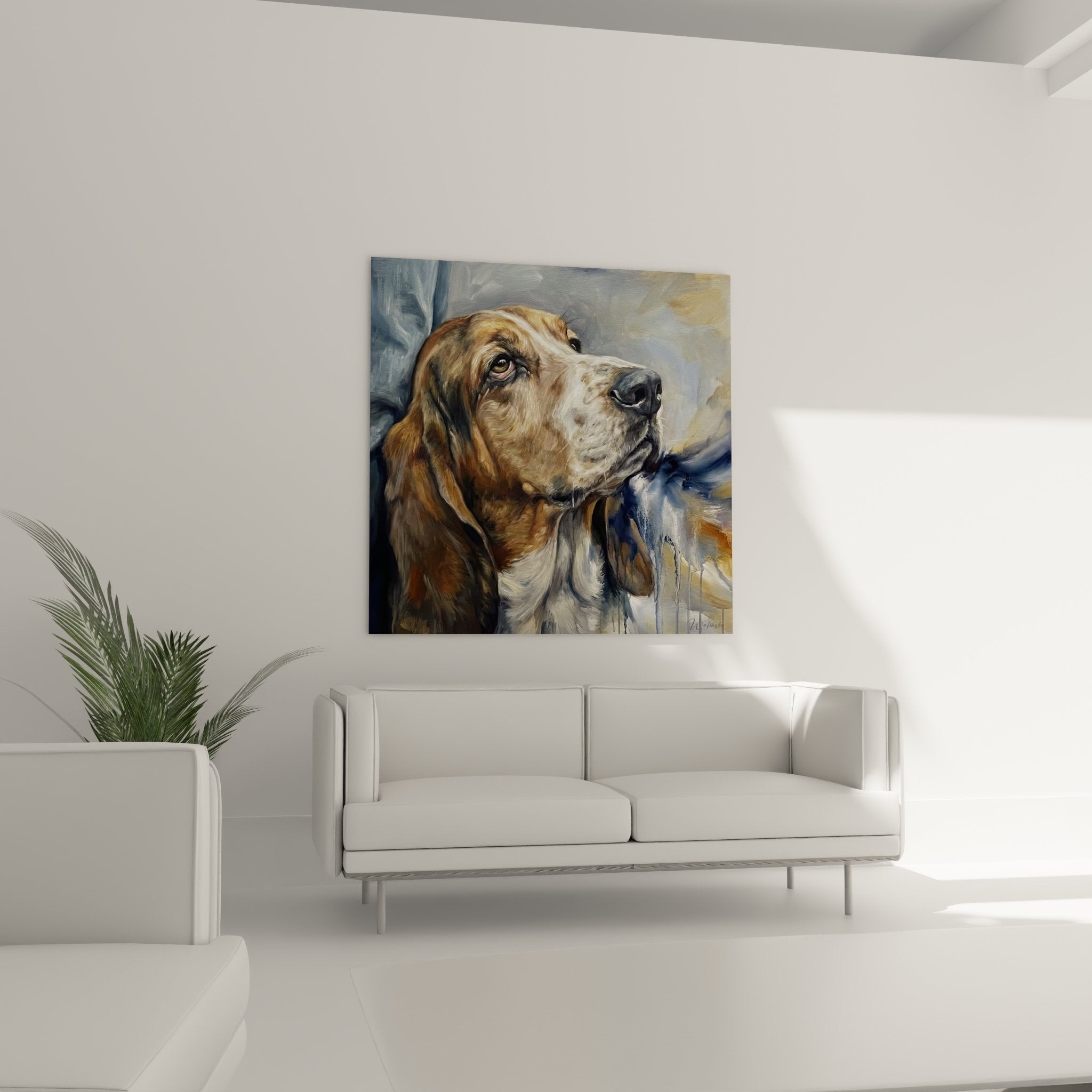 Détail du portrait de Basset Hound, pelage doré et technique de peinture coulante bleue visible