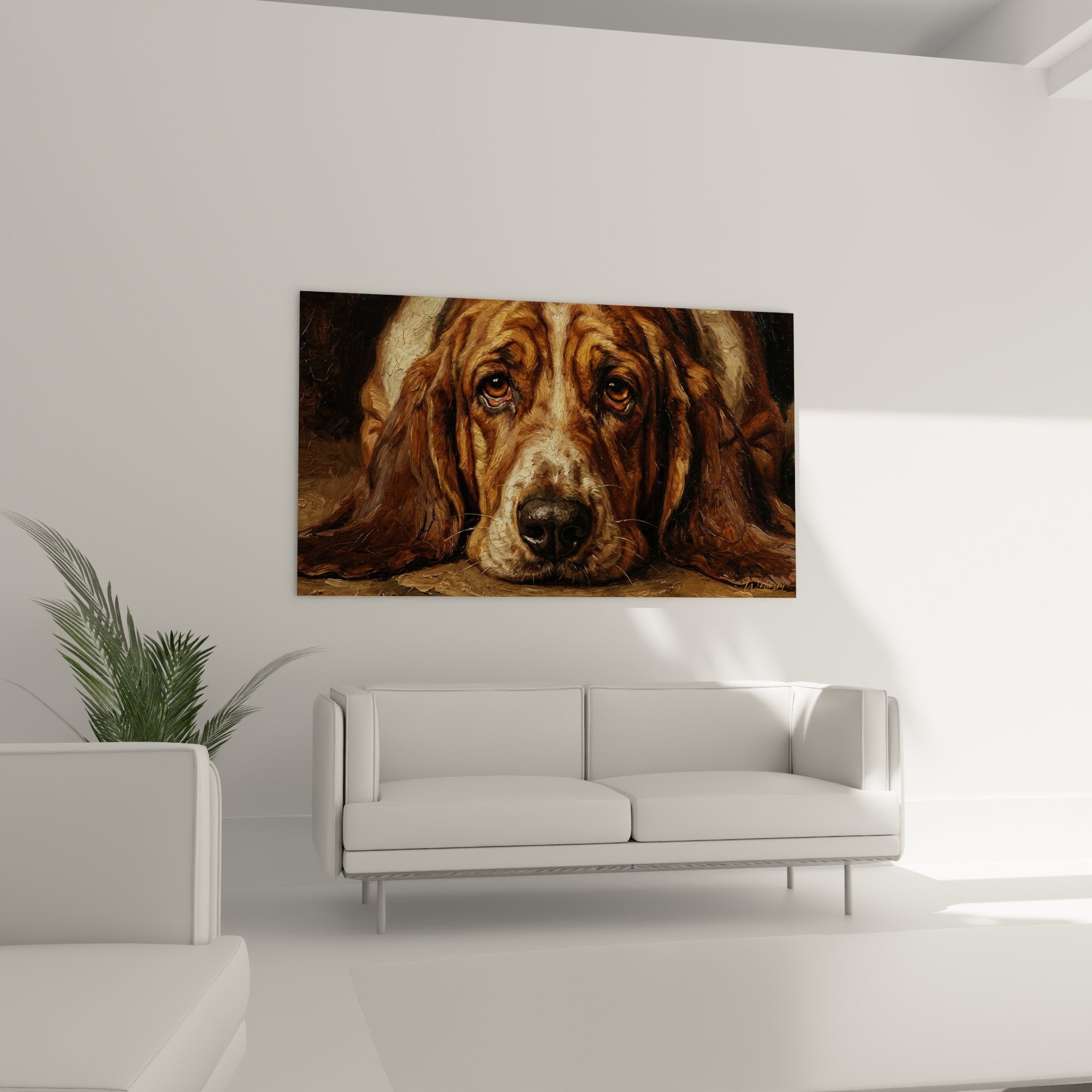 Detail portrait Basset Hound yeux ambre pelage cuivre texture peinture huile chien expressif regard melancolique