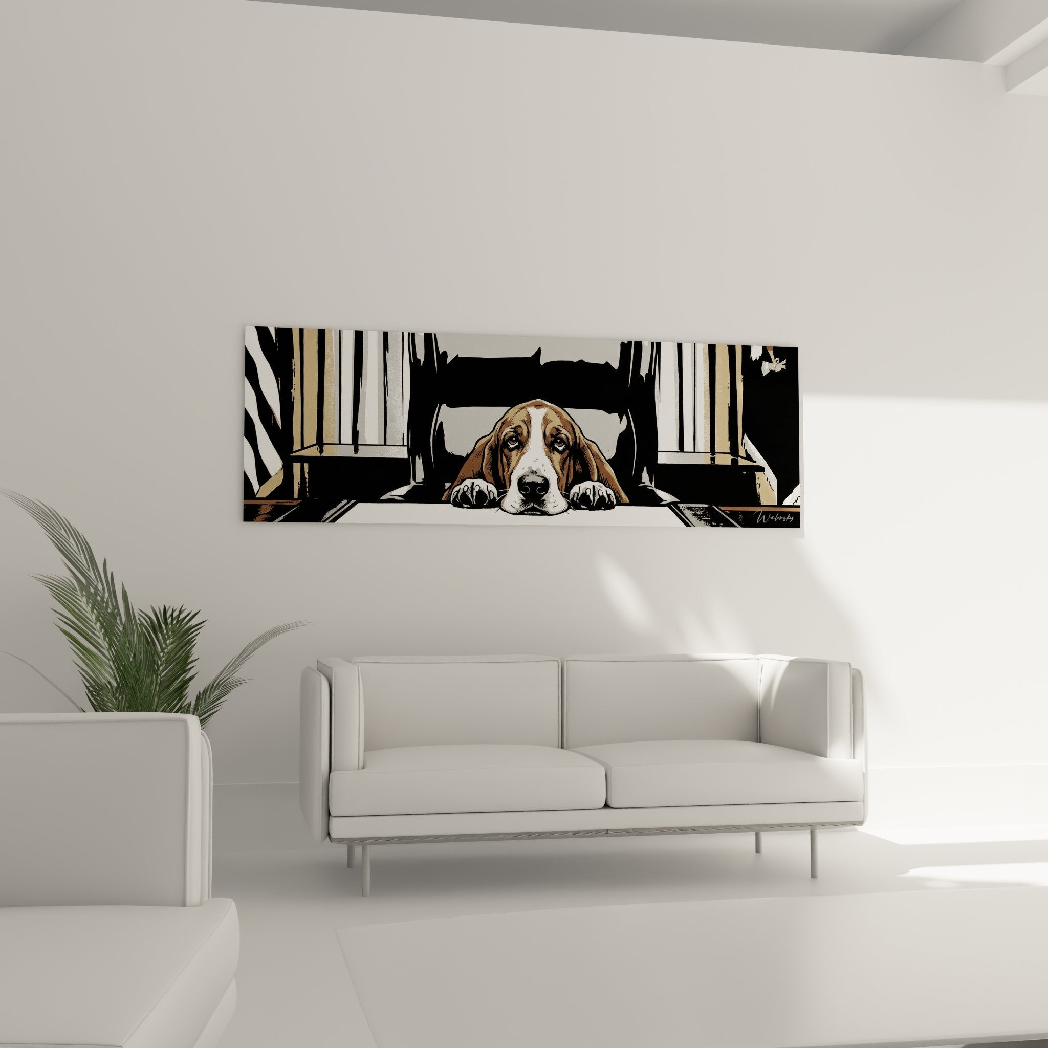 Détail portrait Basset Hound aux yeux expressifs, technique graphique contours marqués tons chauds