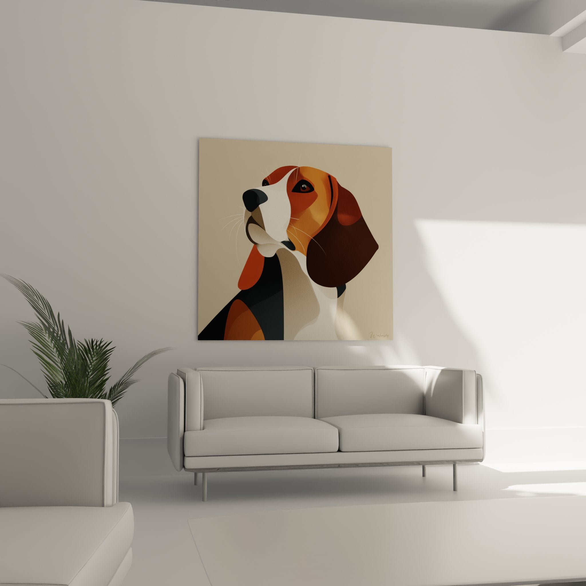 Detail des Beagle-Porträts mit kupferroten Nuancen und stilisiertem ausdrucksvollem Blick