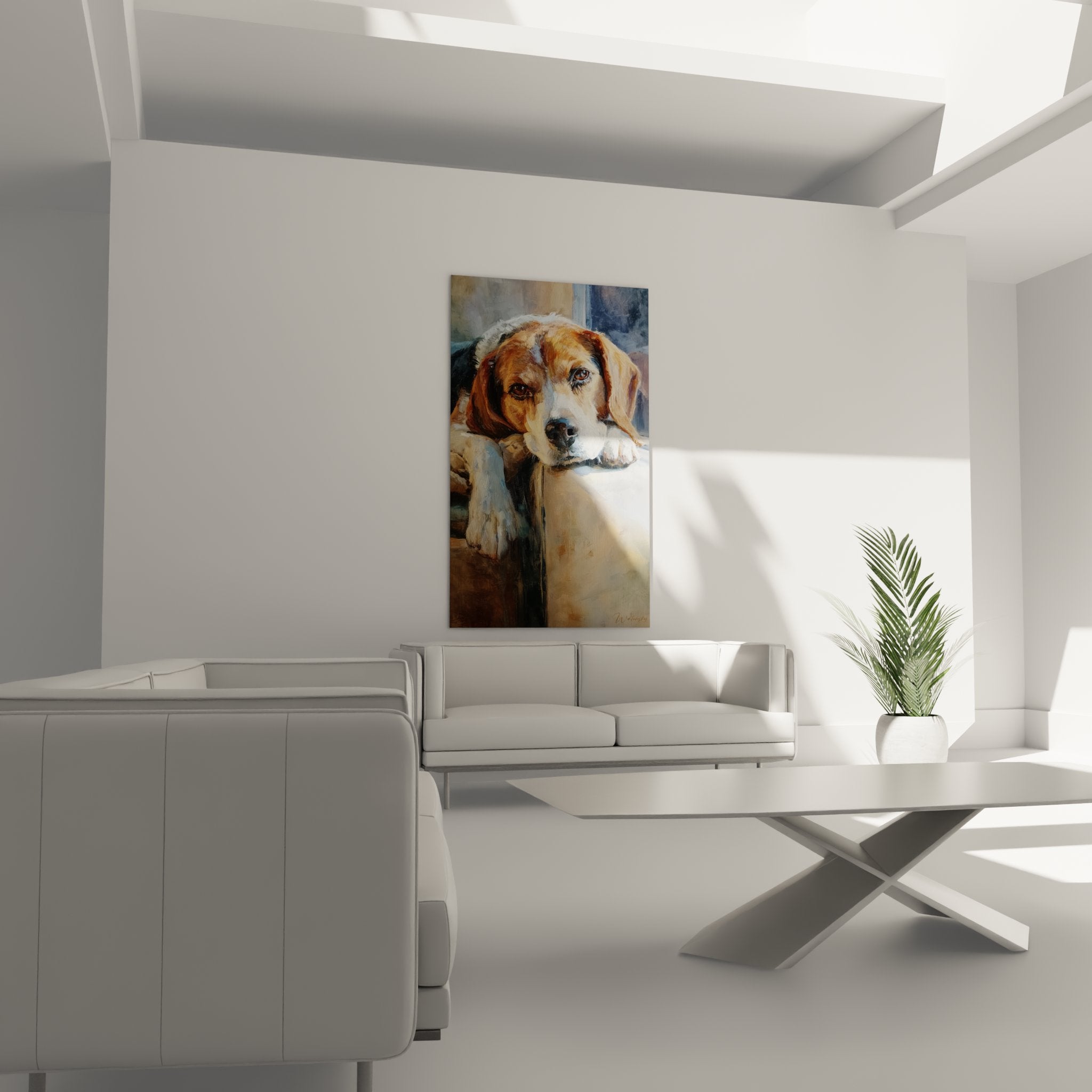 Detail peinture beagle yeux dores pelage roux texture empâtements artistiques