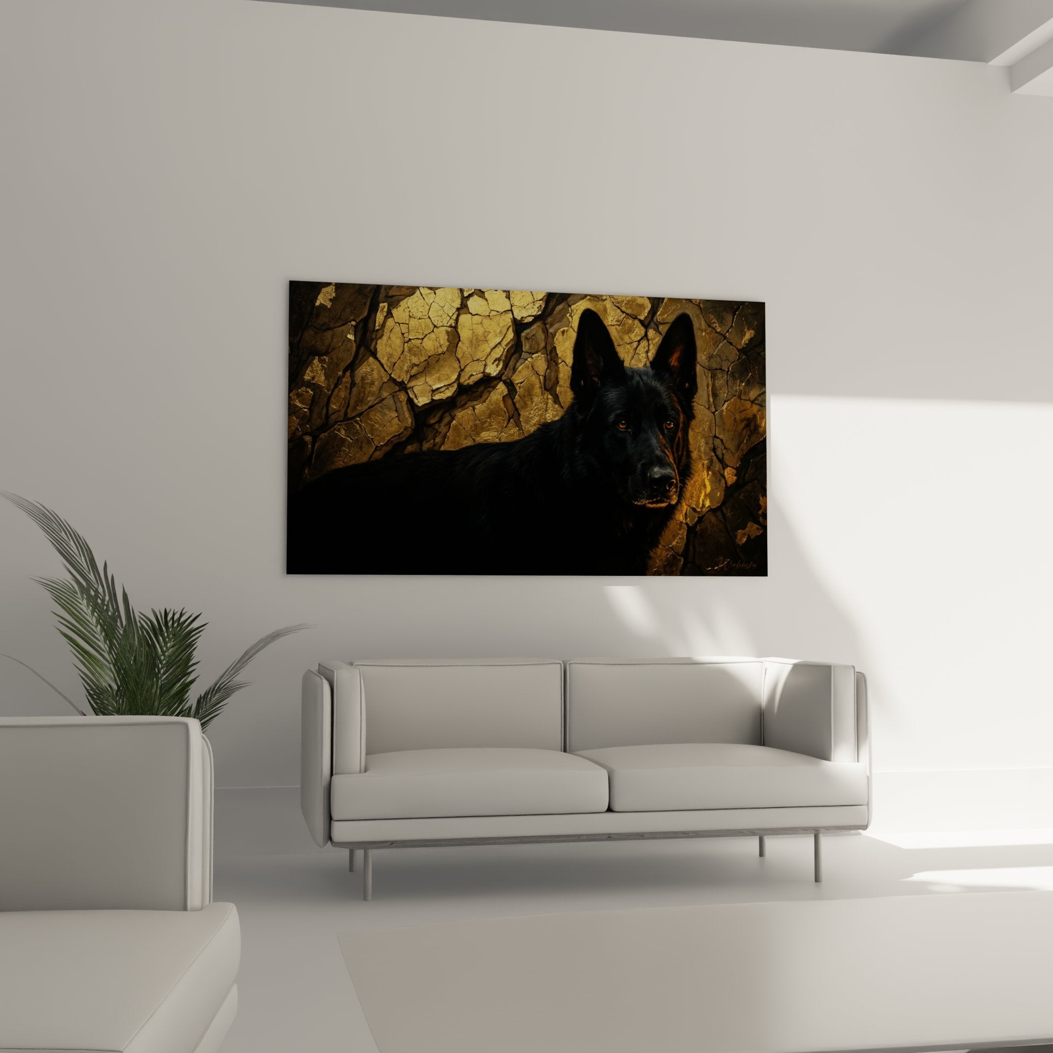 Dettaglio ritratto pastore tedesco mantello nero intenso sguardo ambrato su texture dorata screpolata