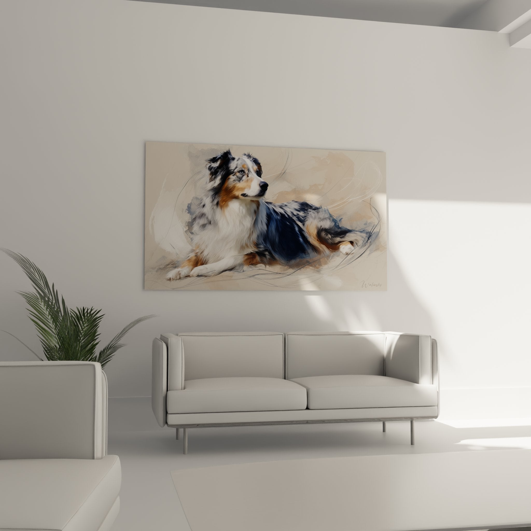 Detailporträt Australian Shepherd dreifarbig ausdrucksstarker Blick zeitgenössische künstlerische Technik
