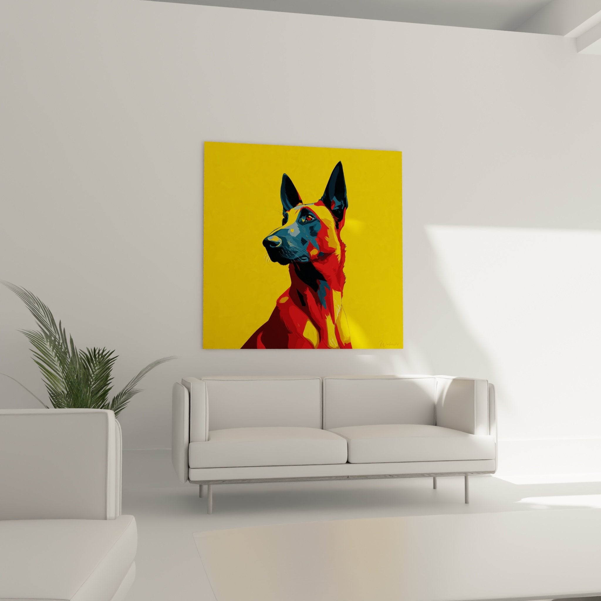 Nahaufnahme Detail Porträt Belgischer Schäferhund Malinois Pop Art Maltechnik lebendige Farben Rot Blau Gelb Textur