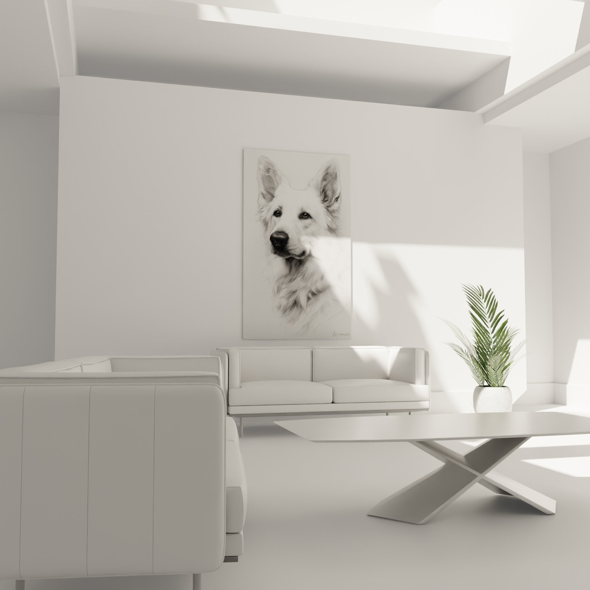 Détail portrait Berger Blanc Suisse technique crayon yeux expressifs pelage texturé art animalier