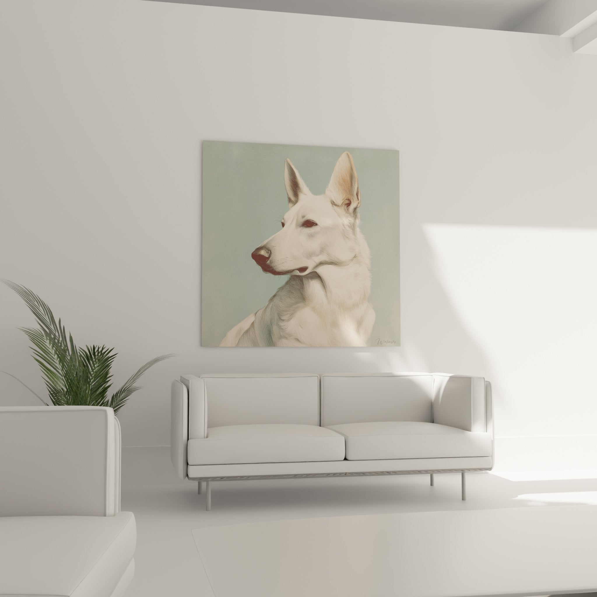 Détail portrait Berger Blanc Suisse, expression noble et sereine, pelage blanc immaculé sur fond pastel