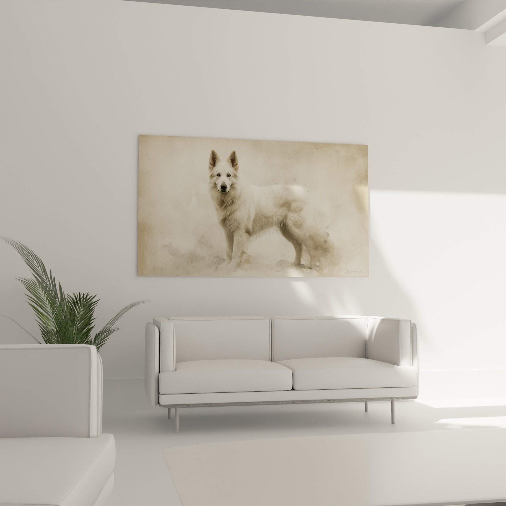 Détail du portrait sépia Berger Blanc Suisse montrant la finesse du pelage blanc et doré