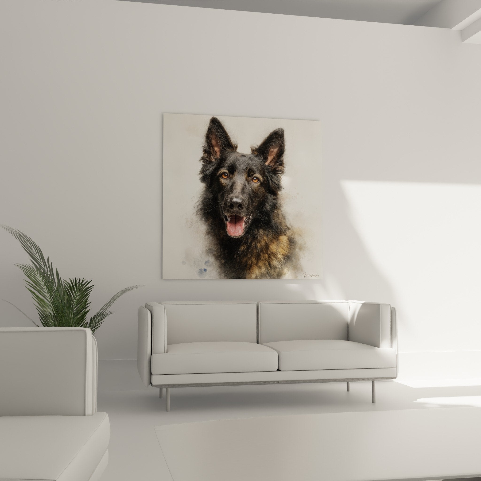 Détail portrait Berger Hollandais yeux ambrés expressifs technique aquarelle pelage noir feu textures