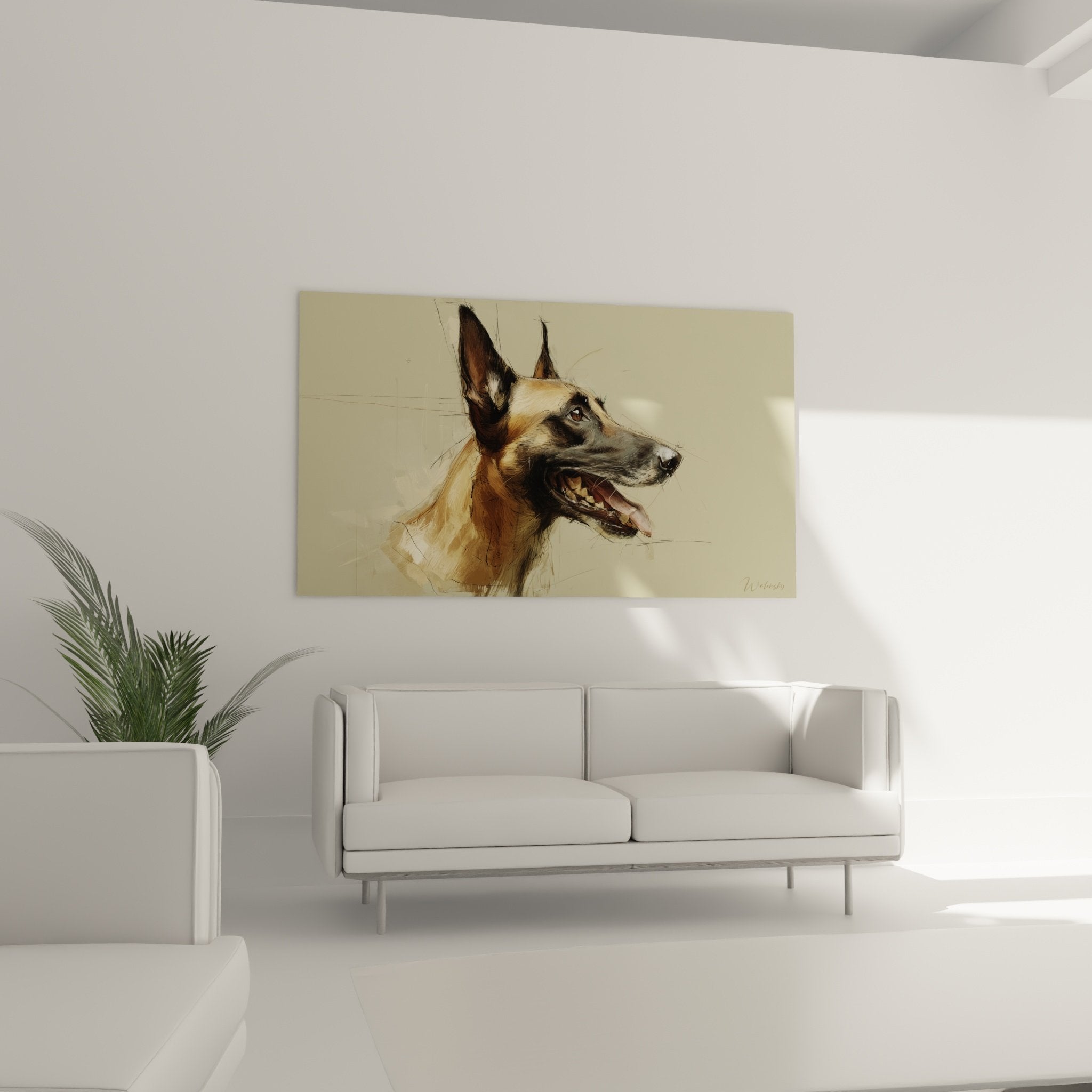 Detail portrait Berger Belge Malinois technique esquisse traits artistiques pelage dore museau brun expressif