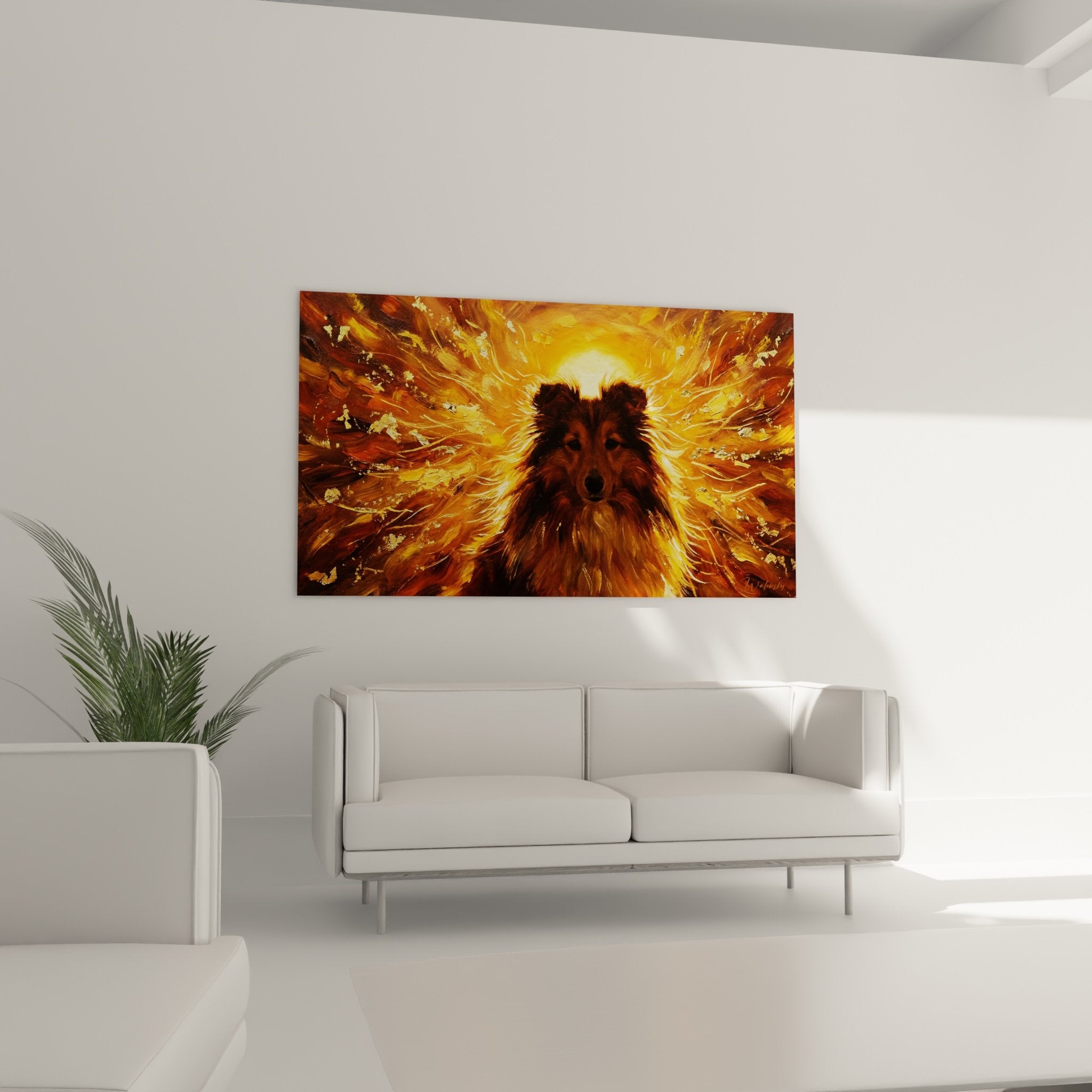 Détail portrait Berger des Shetland regard intense émergeant des flammes dorées artistiques