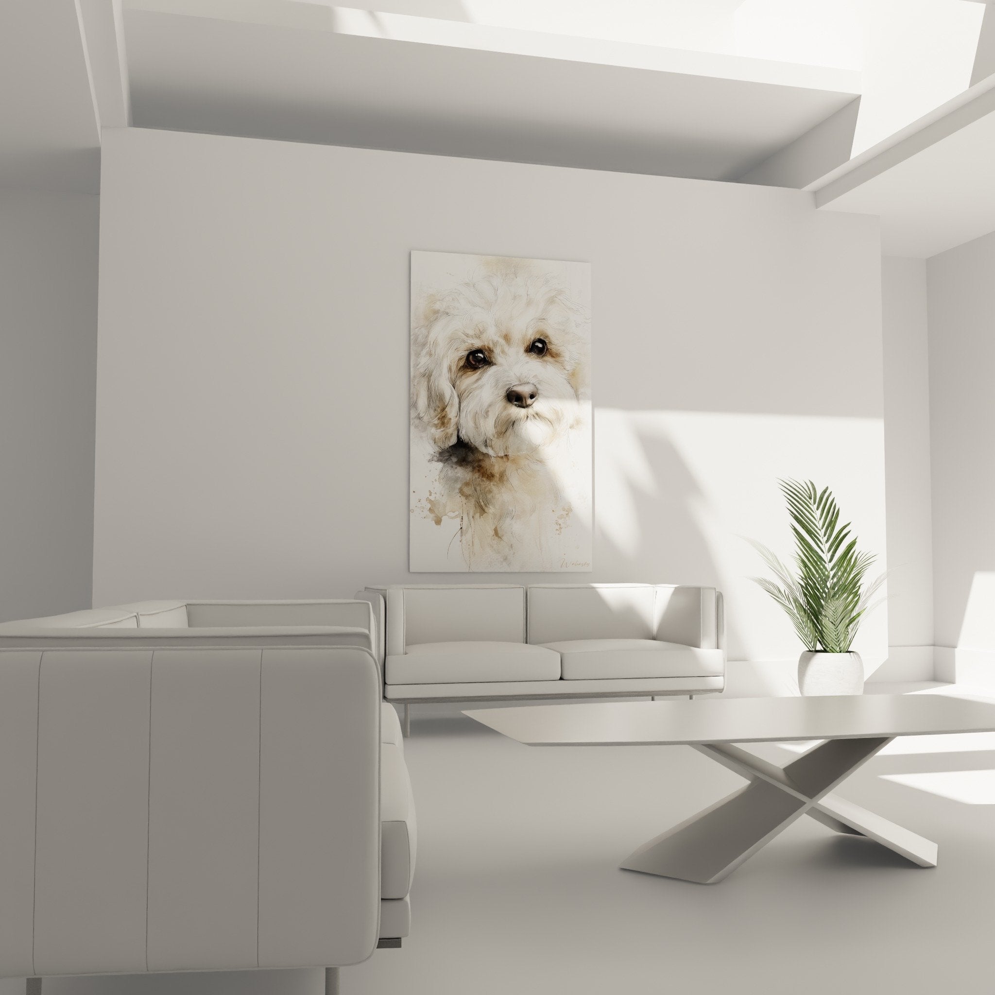 Détail aquarelle Bichon Havanais, yeux expressifs noirs, pelage bouclé blanc et doré, technique mixte réaliste