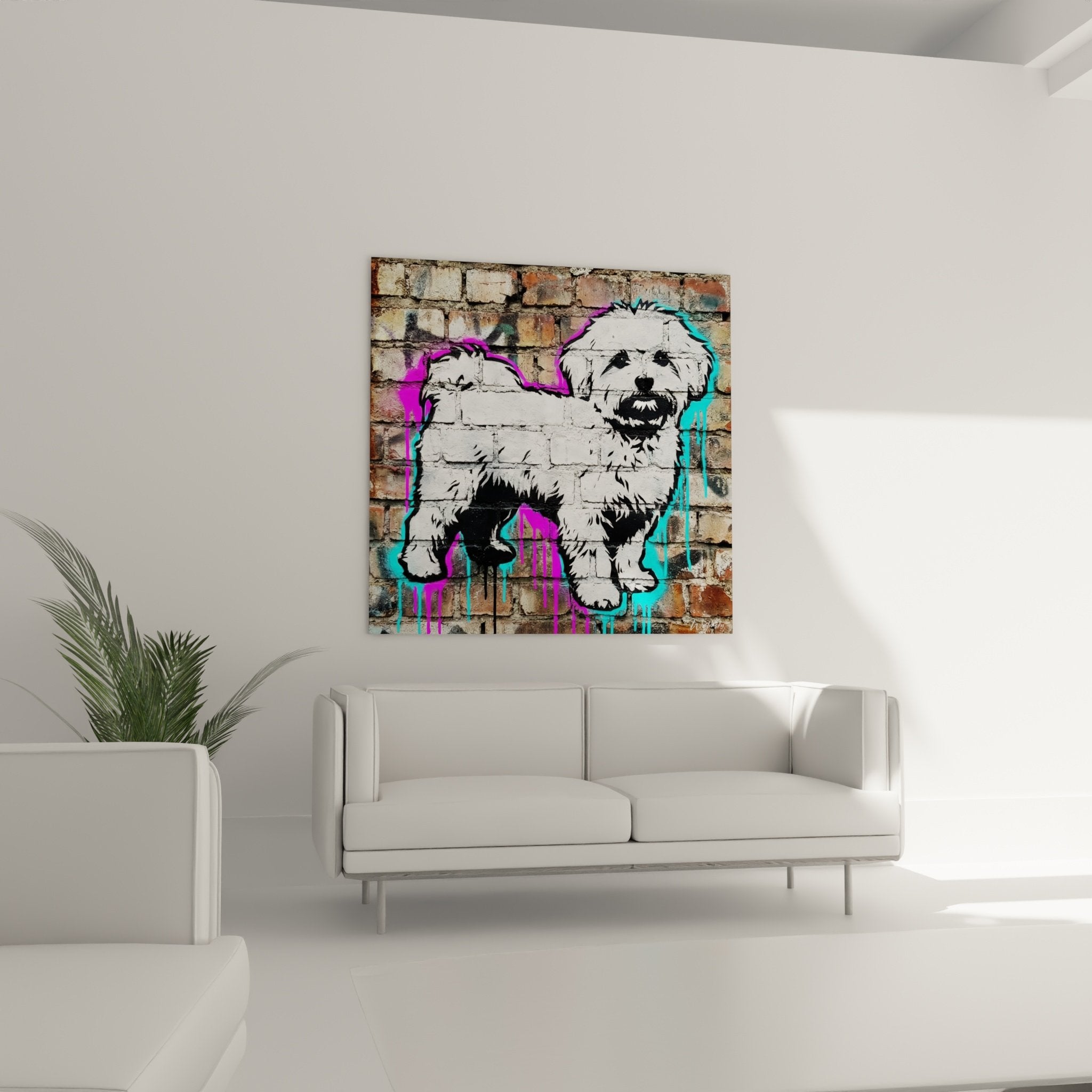 Detail portrait Maltese Bichon black and white graffiti with colorful drips on brick texture