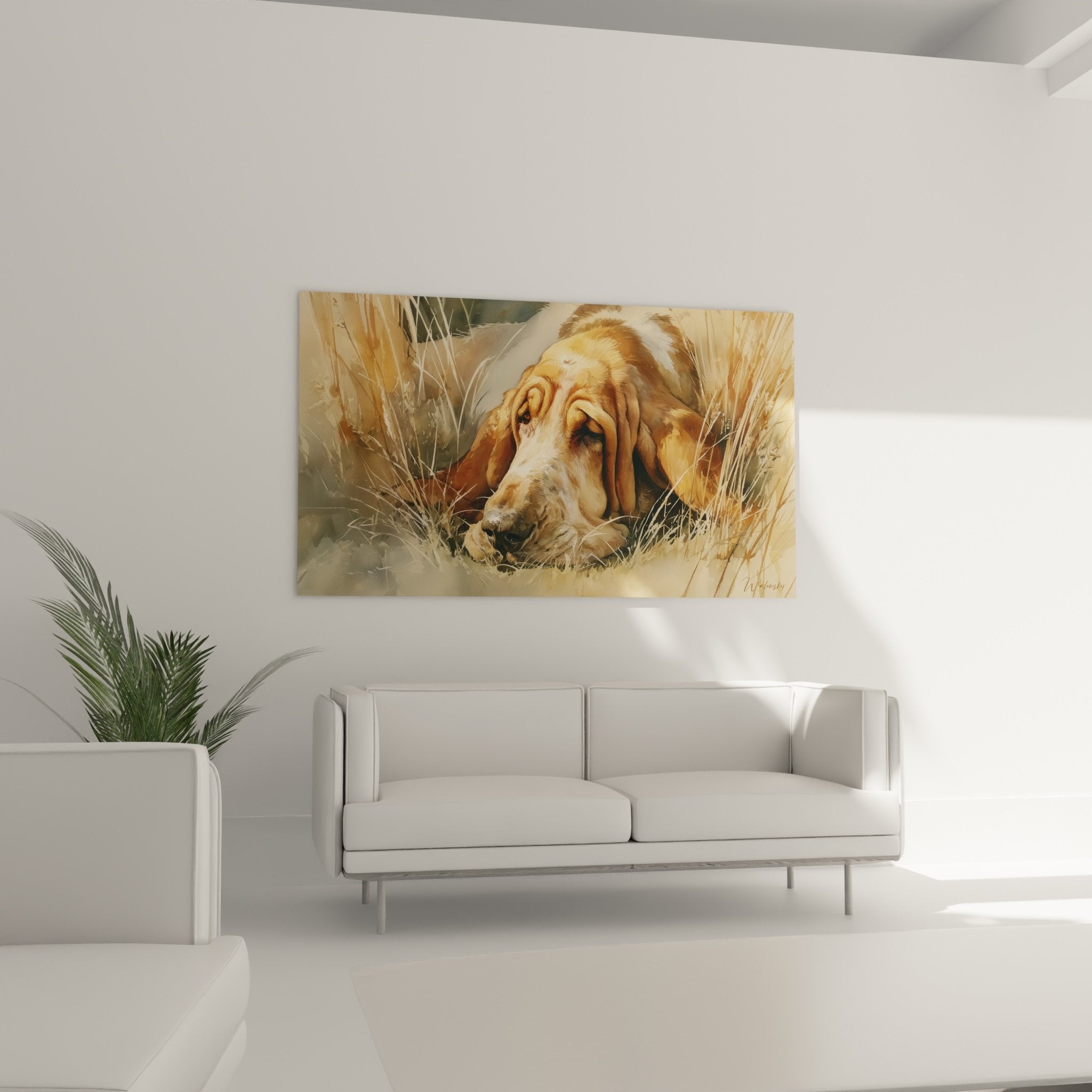 Détail portrait Bloodhound, technique picturale réaliste, jeux de lumière sur pelage, regard mélancolique