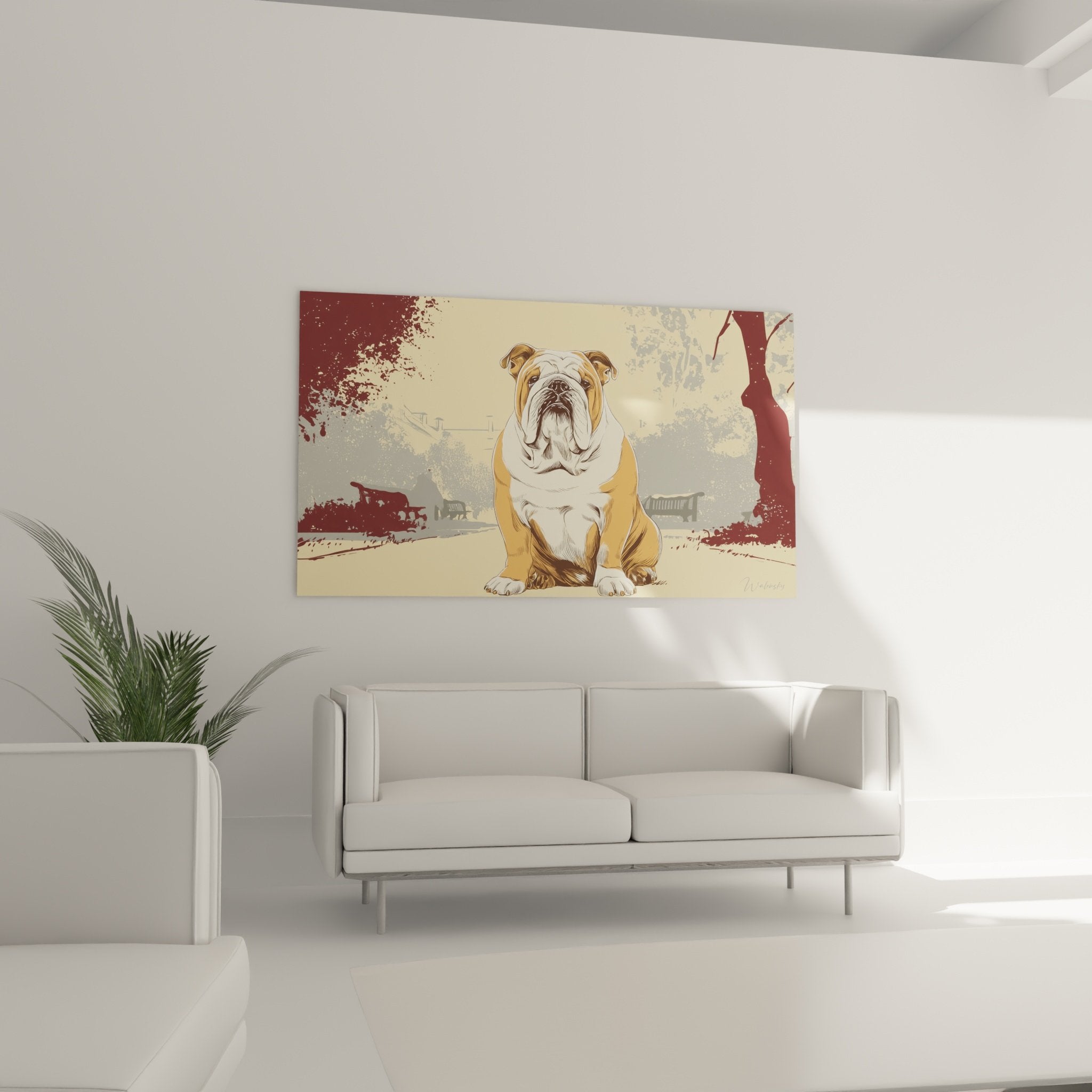 Détail portrait Bouledogue Anglais, technique artistique rétro, pelage ocre et blanc, regard expressif