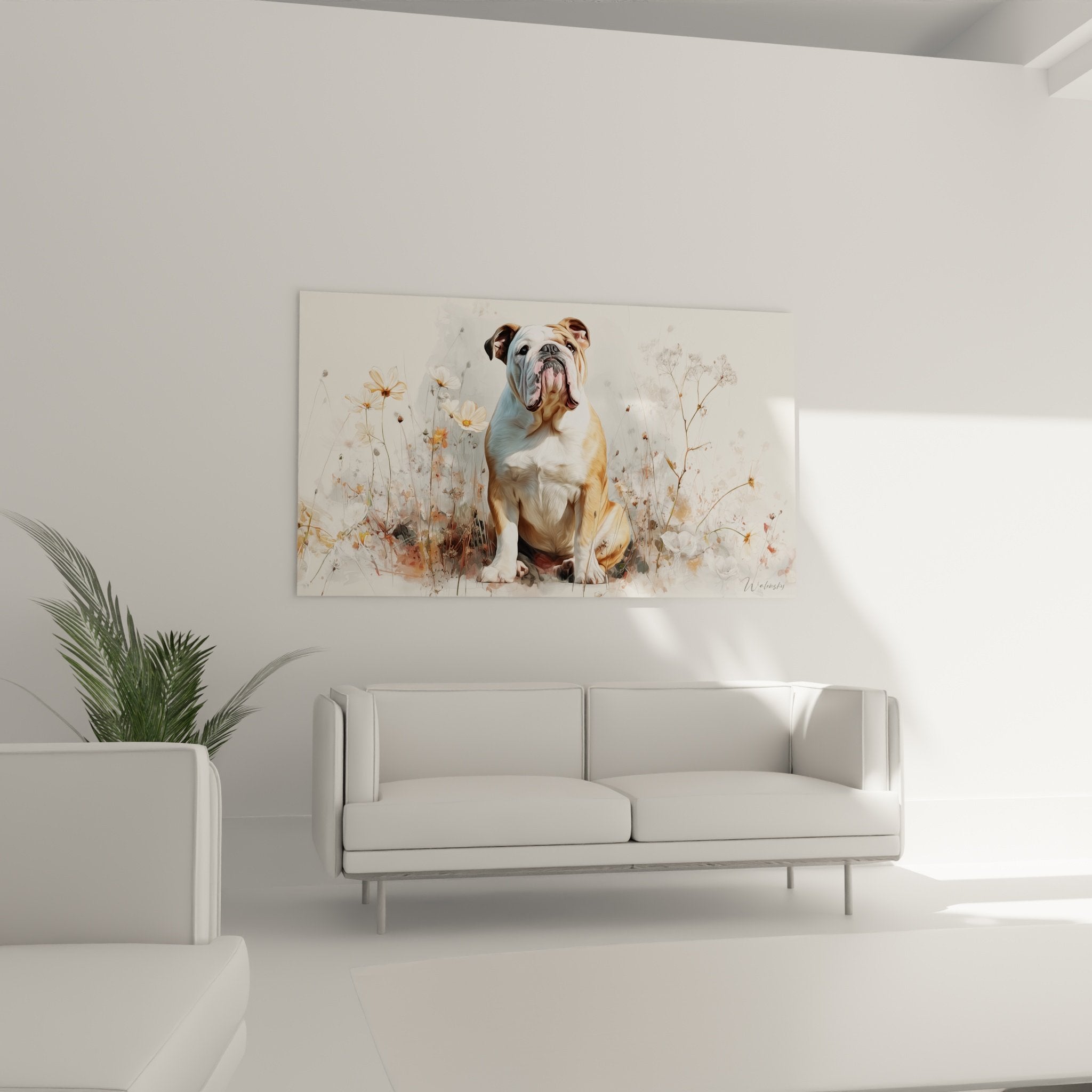 Detail Gemälde englische Bulldogge Portrait realistisch zarte Blüten Beige- und Cremenuancen