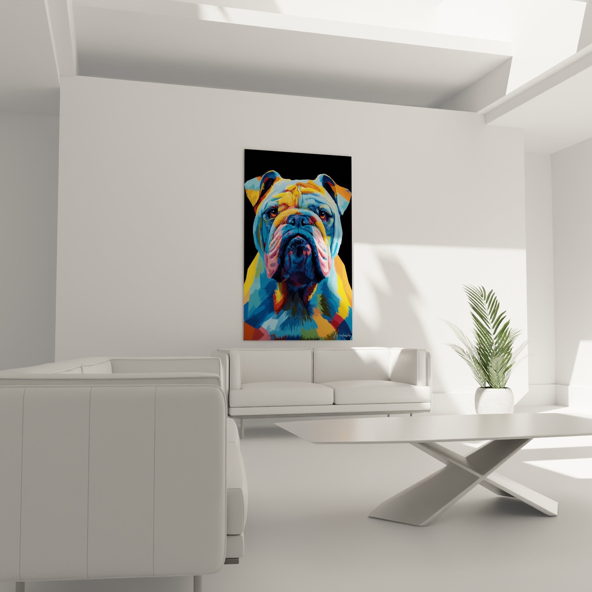 Detailaufnahme Englische Bulldogge Portrait farbenfrohe Malerei blaue orange Töne moderne künstlerische Technik