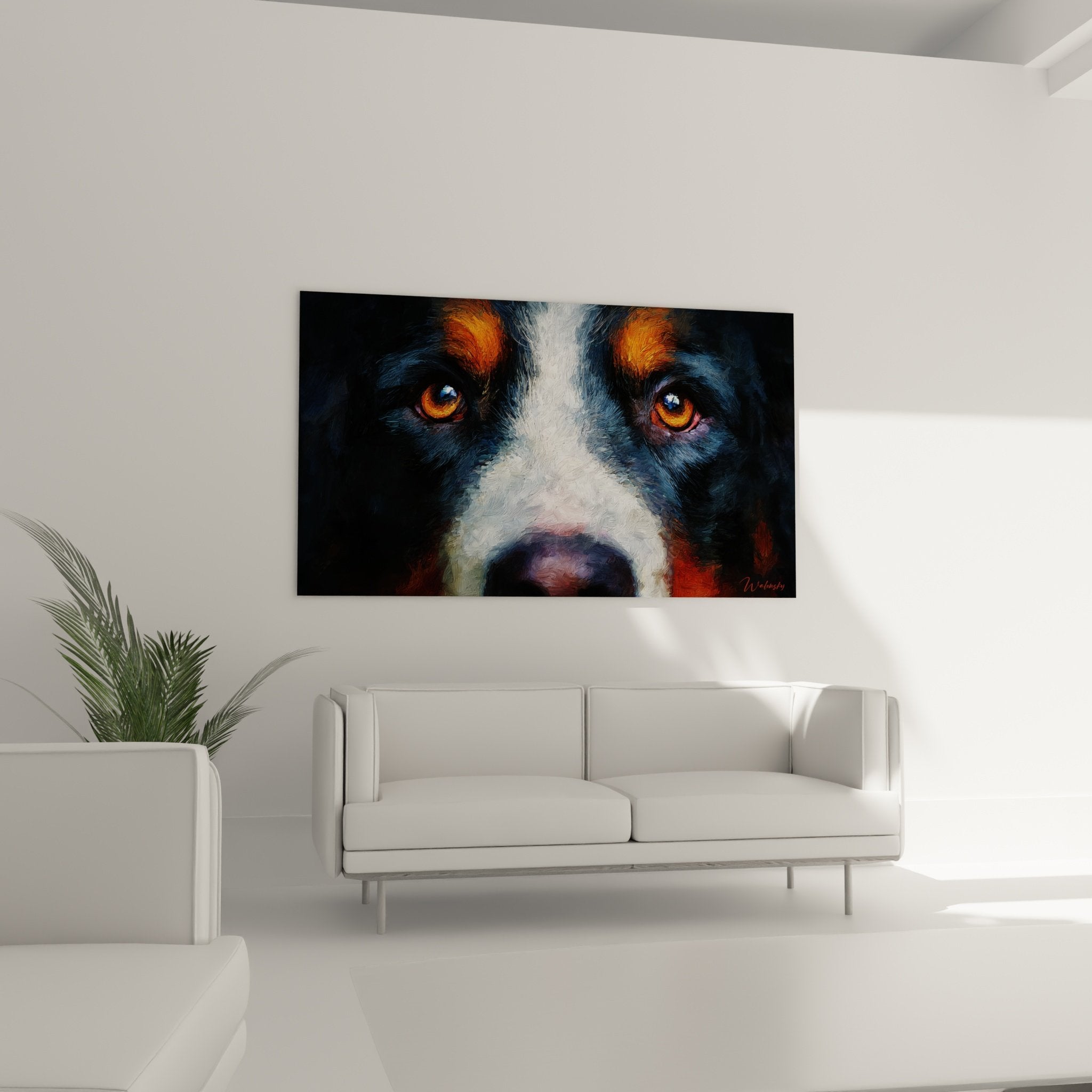 Bernese Mountain Dog portrait detail expressionist painting golden eyes fur texture brushstrokes