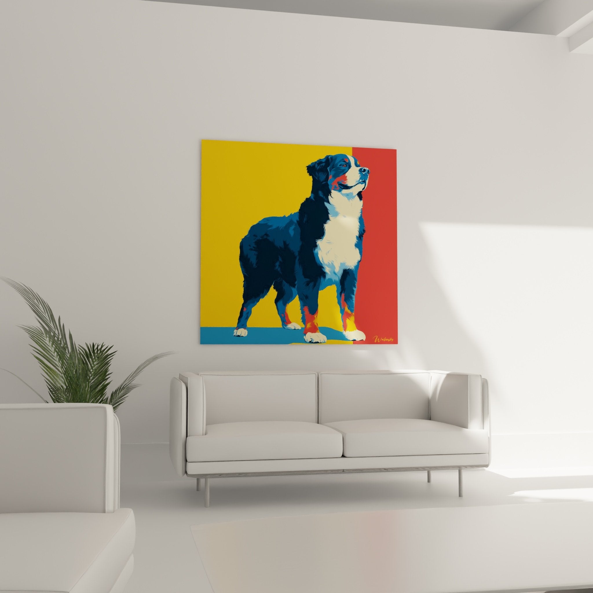 Artistic portrait detail Bernese Mountain Dog black white coat noble gaze vibrant pop art style colors