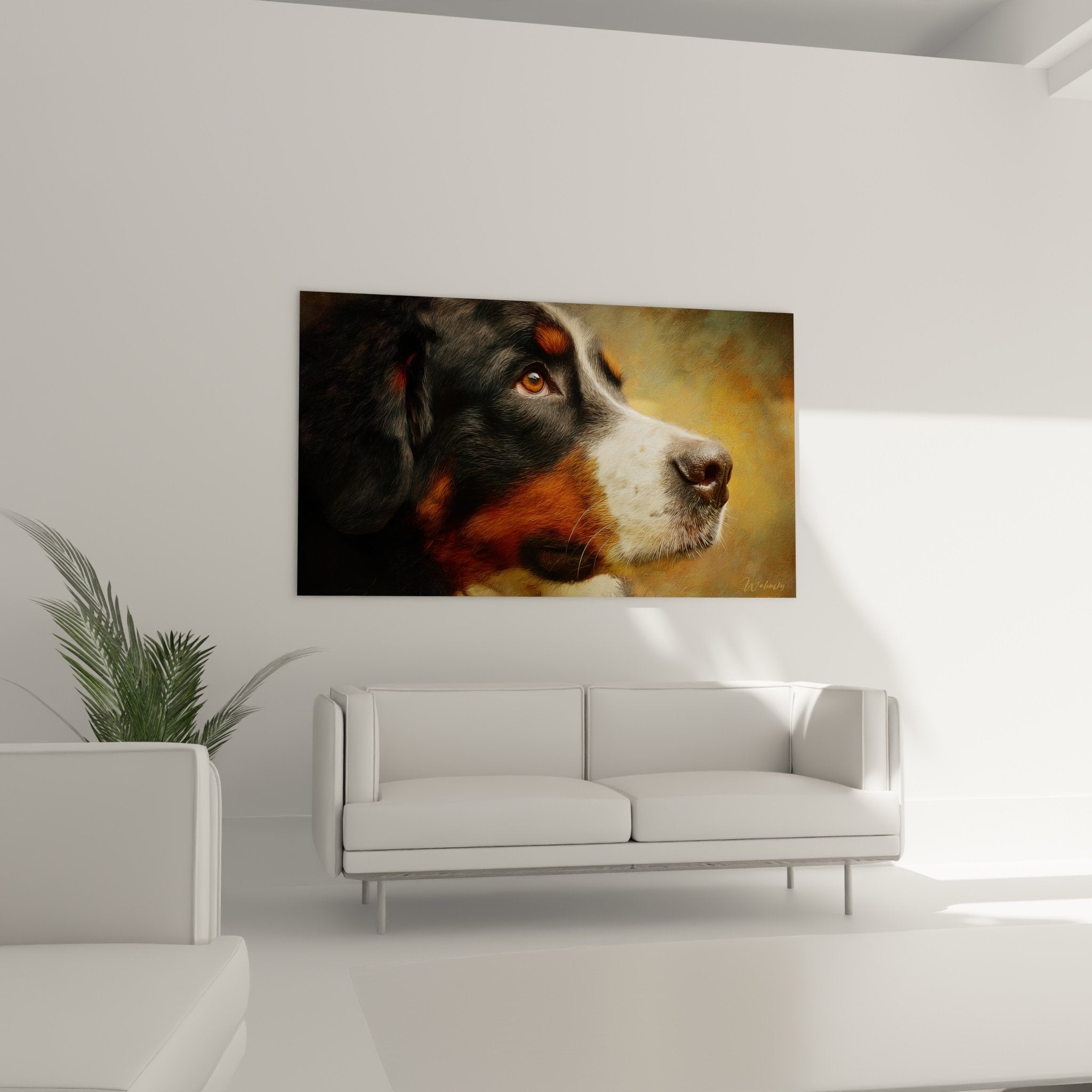 Bernese Mountain Dog portrait detail expressive eyes tricolor coat realistic technique