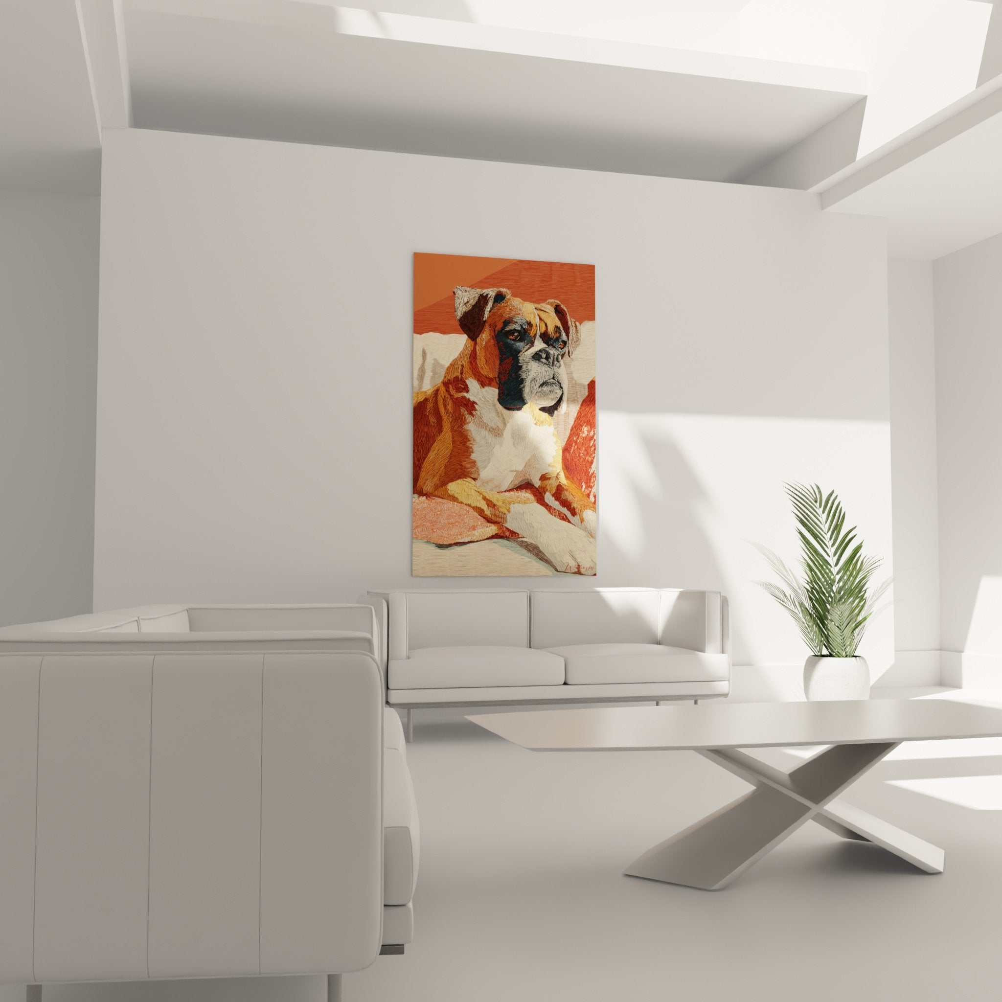 Dettaglio ritratto boxer tecnica incisione moderna colori ocra texture artistica cane nobile
