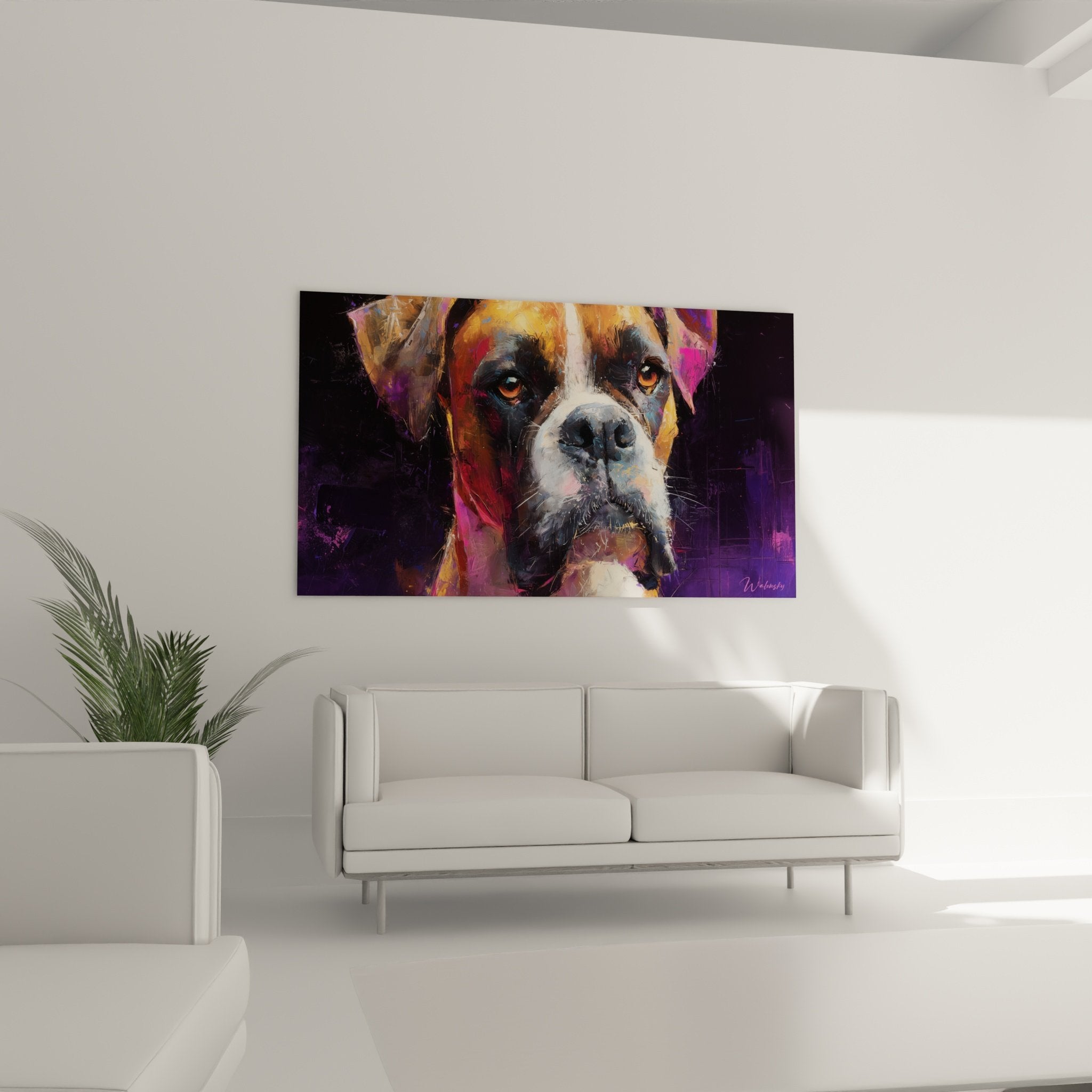 Detailaufnahme des Boxer-Porträts mit bernsteinfarbenen Augen und orange-violetten Maleffekten