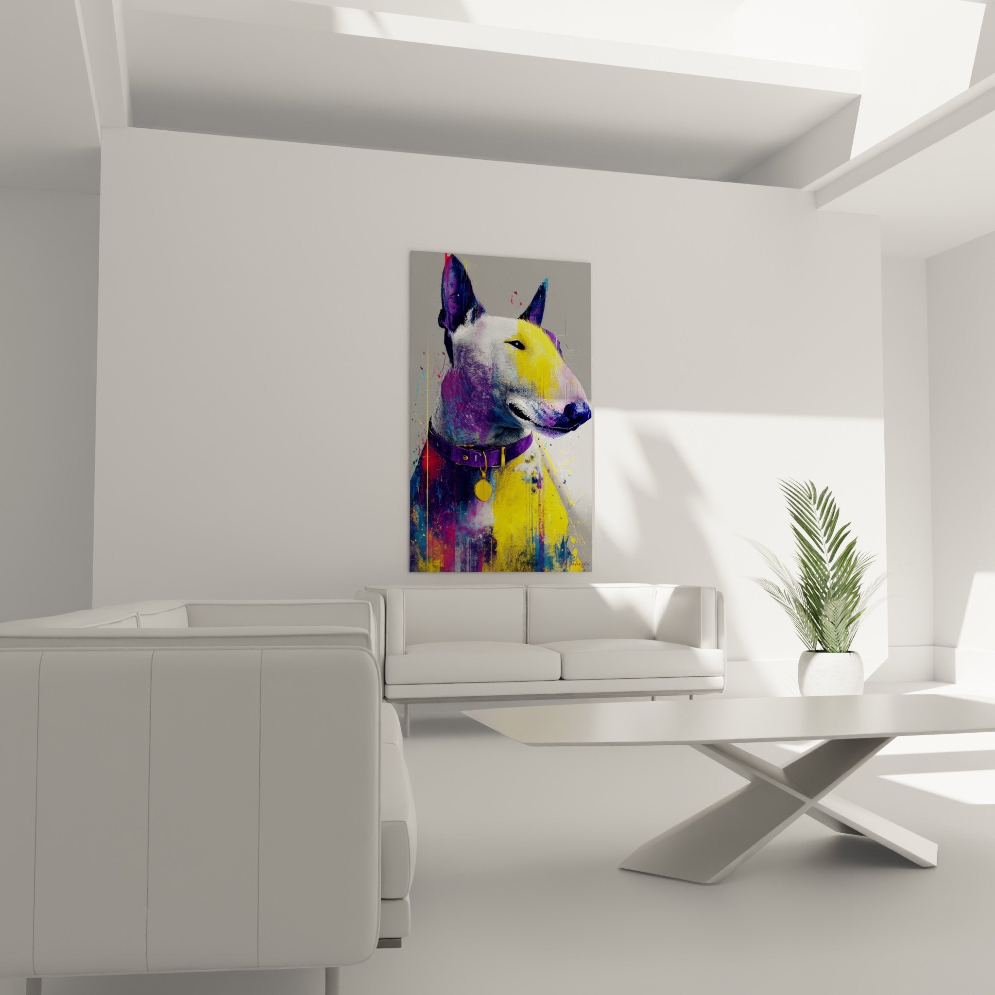 Detail Porträt Bull Terrier Gemälde violett gelb Halsband goldene Medaille Mischtechnik Kunst