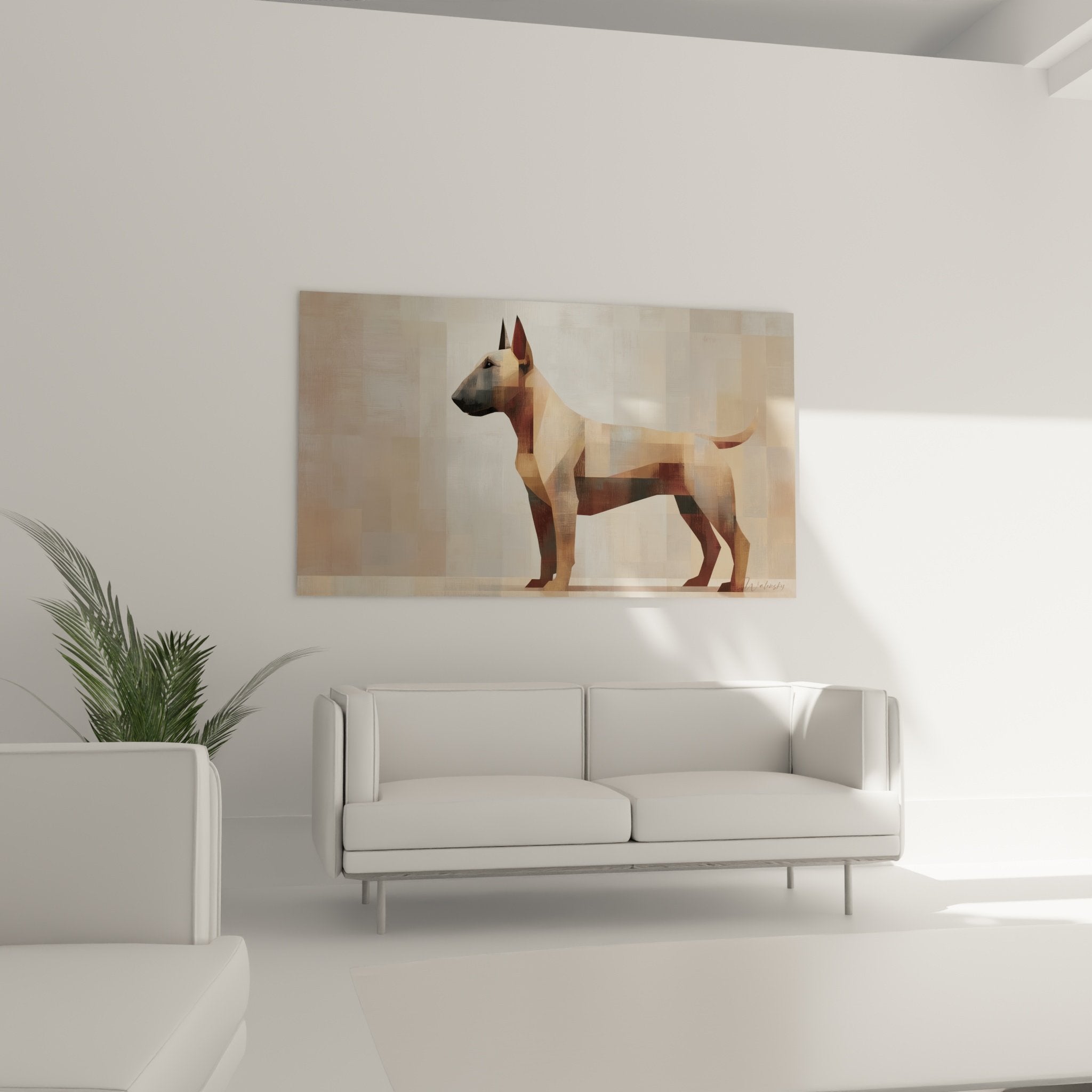 Détail du portrait facetté Bull Terrier montrant les nuances beiges, marrons et reflets dorés