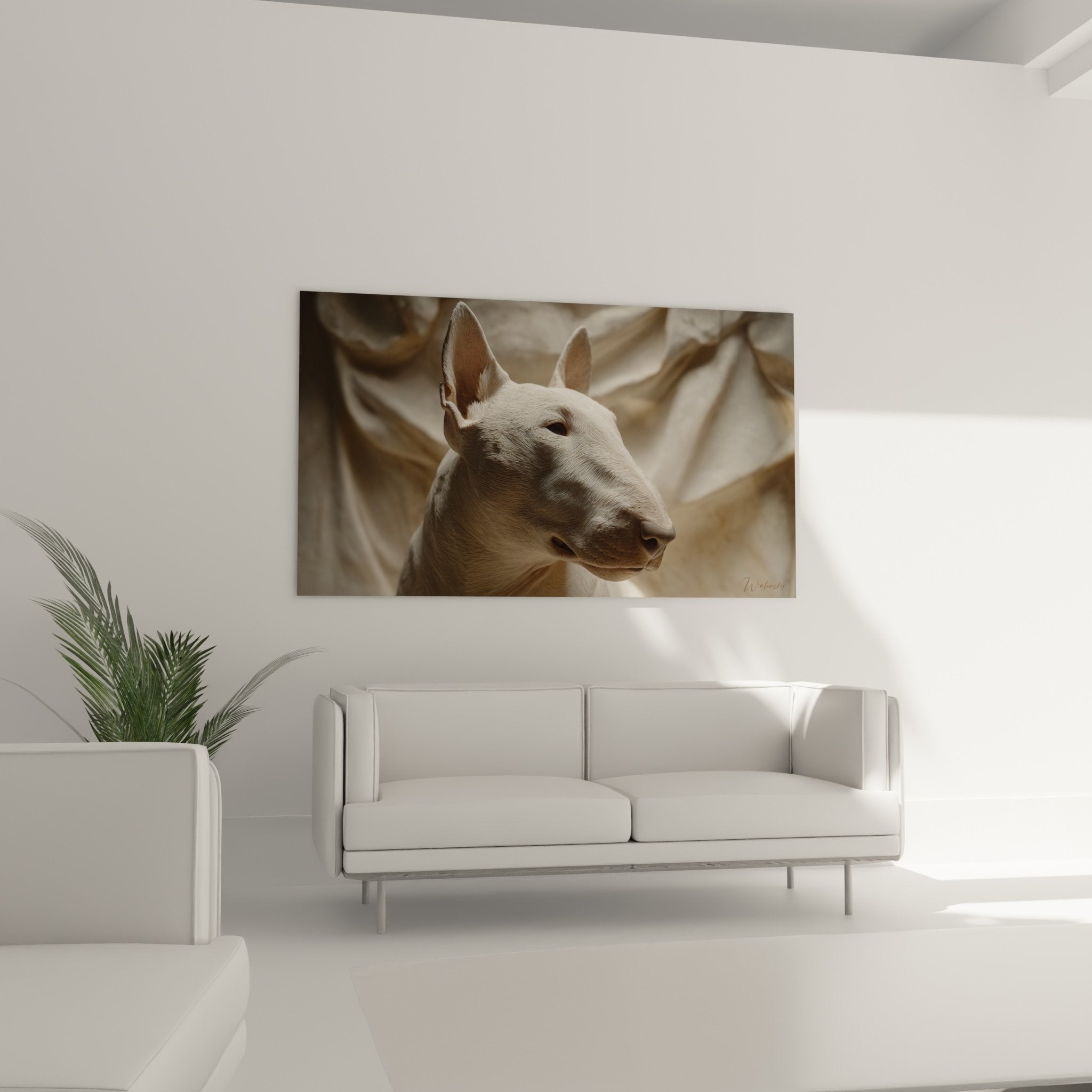 Detail portrait Bull Terrier blanc texture pelage lumiere douce art canin