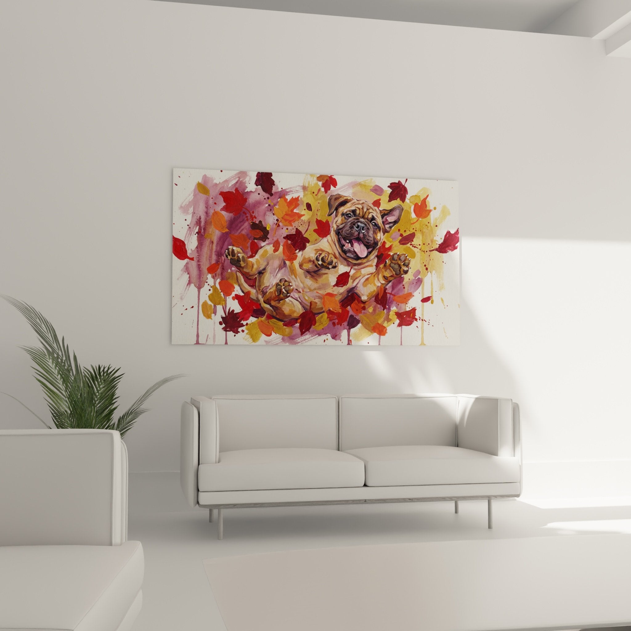 Détail portrait Bullmastiff expressif éclaboussures peinture rose orange bordeaux art contemporain