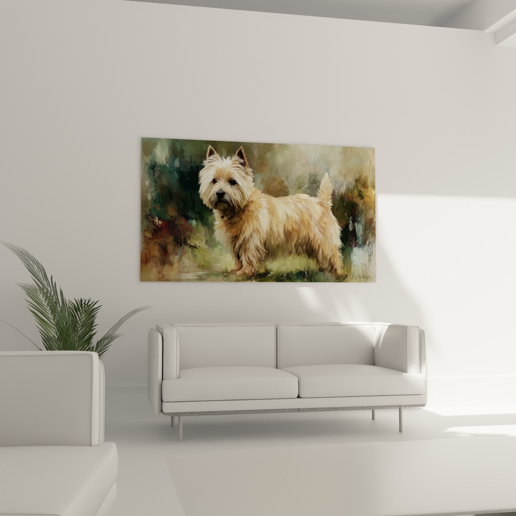 Détail portrait artistique Cairn Terrier pelage doré technique impressionniste regard expressif