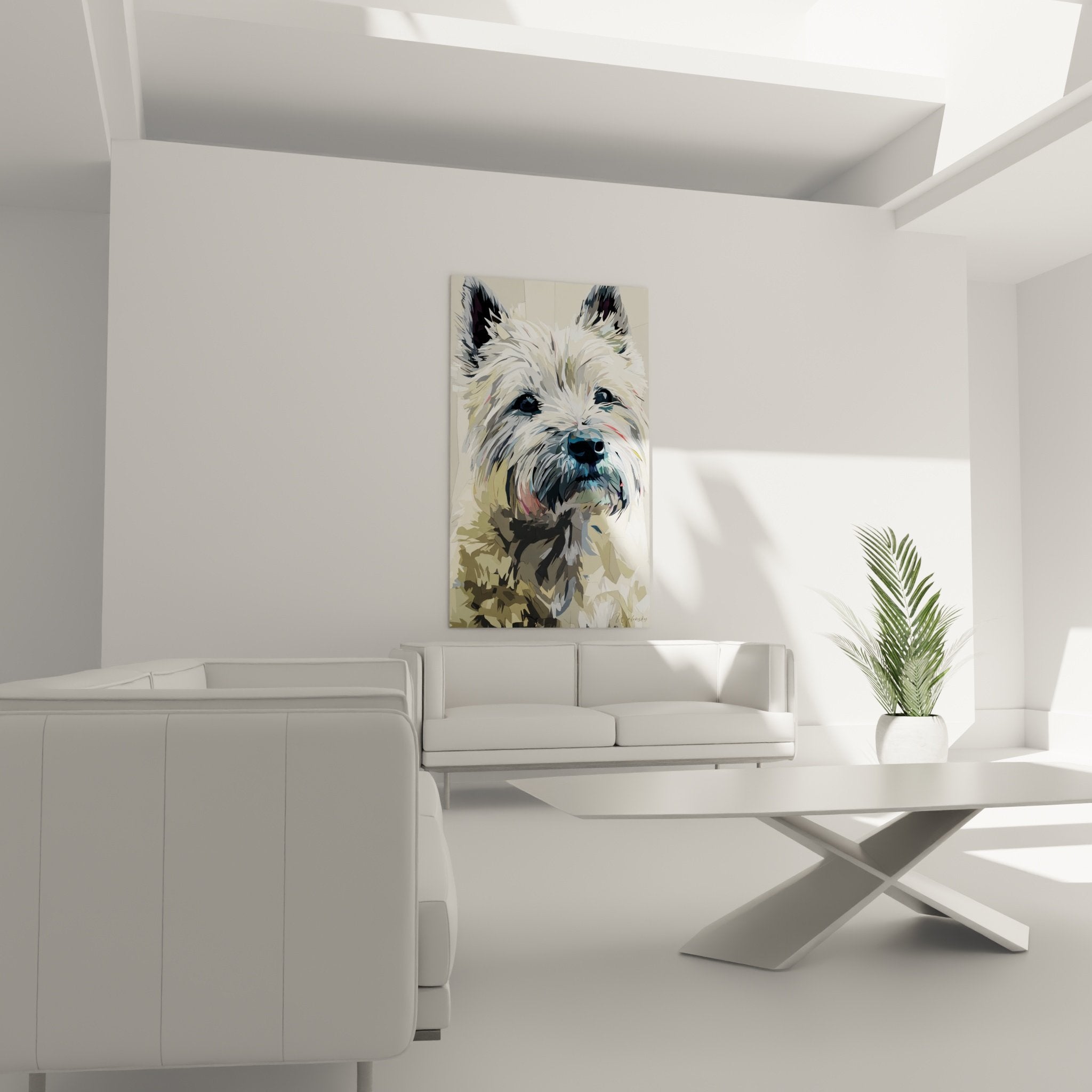 Détail du portrait canin Cairn Terrier, technique picturale visible et nuances chromatiques subtiles