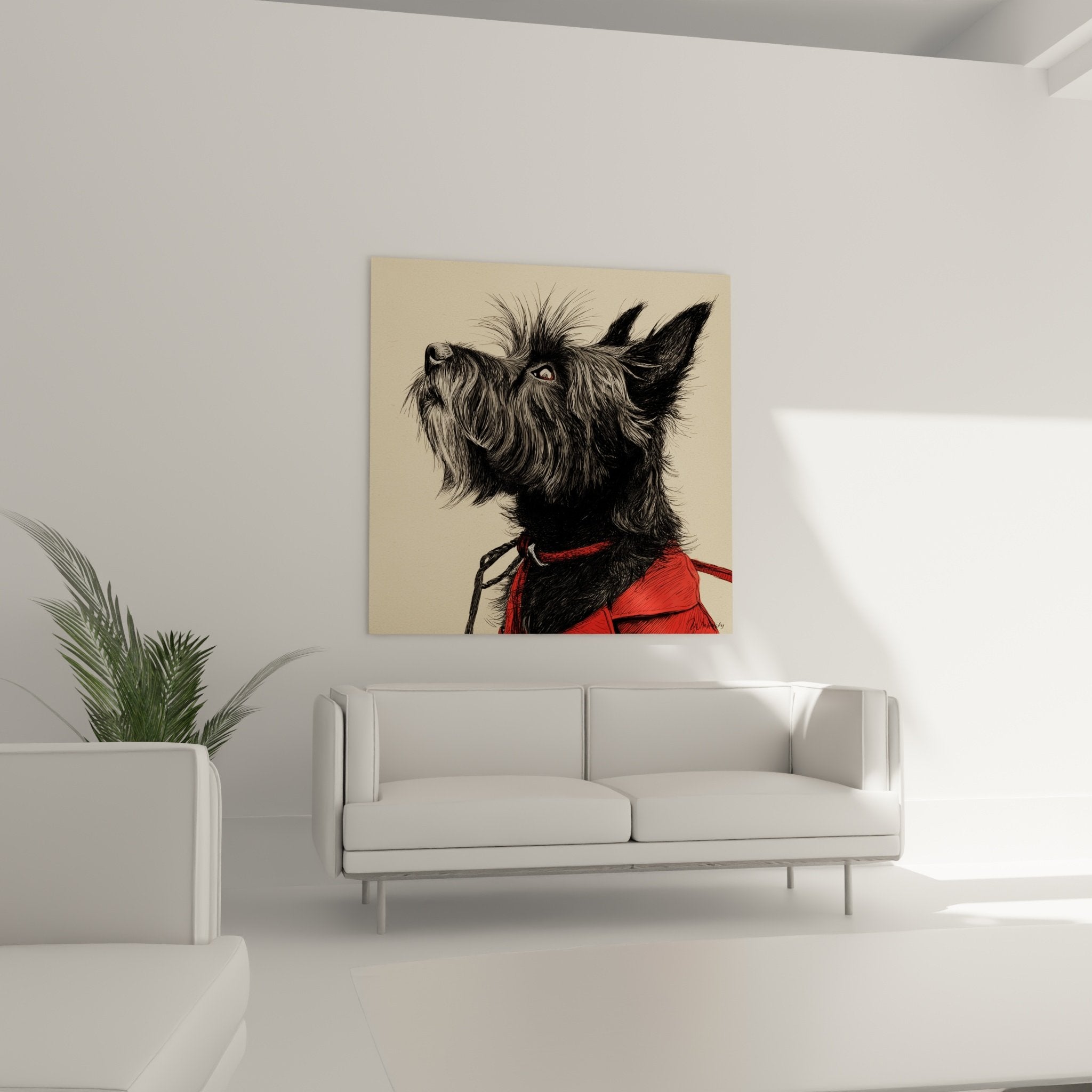 Détail du portrait Cairn Terrier montrant la texture réaliste du pelage noir et les finitions du manteau rouge