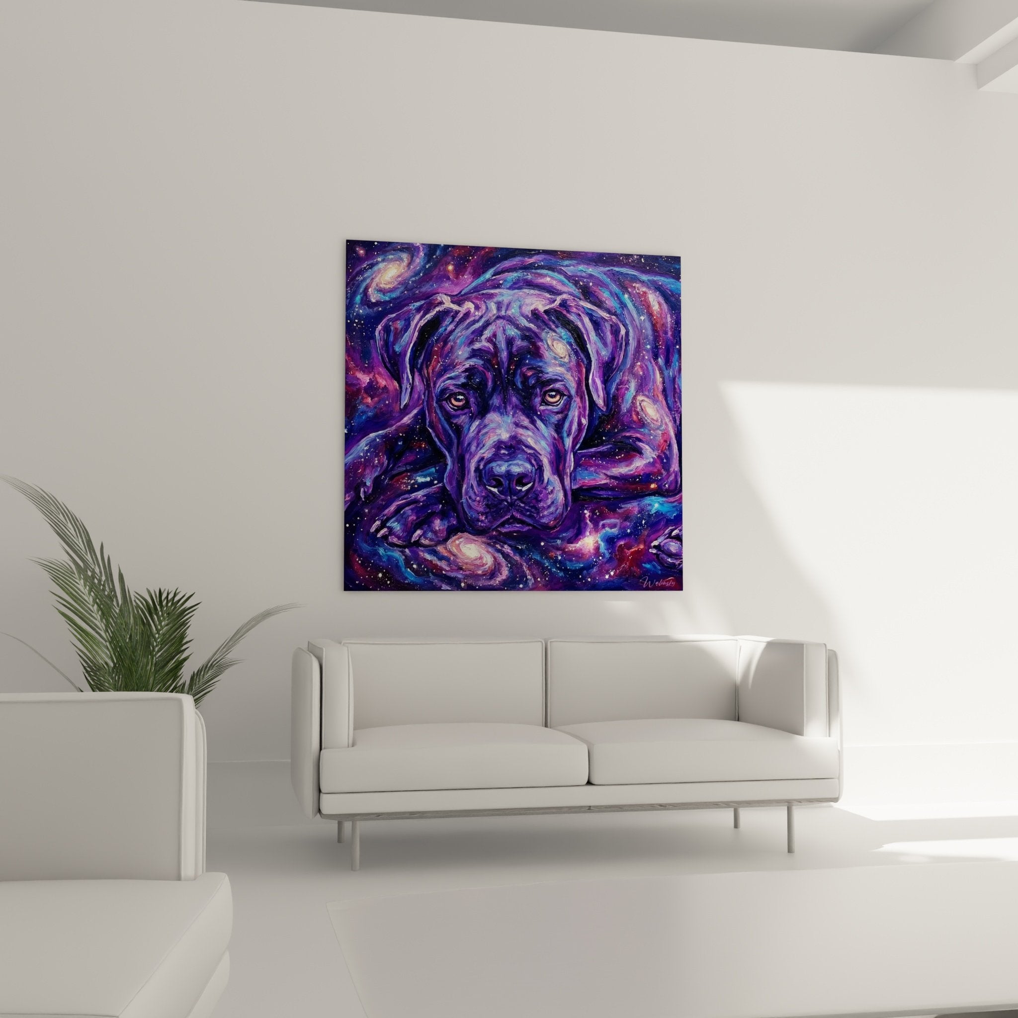 Détail rapproché portrait Cane Corso cosmique montrant yeux dorés et fusion pelage avec nébuleuses violettes