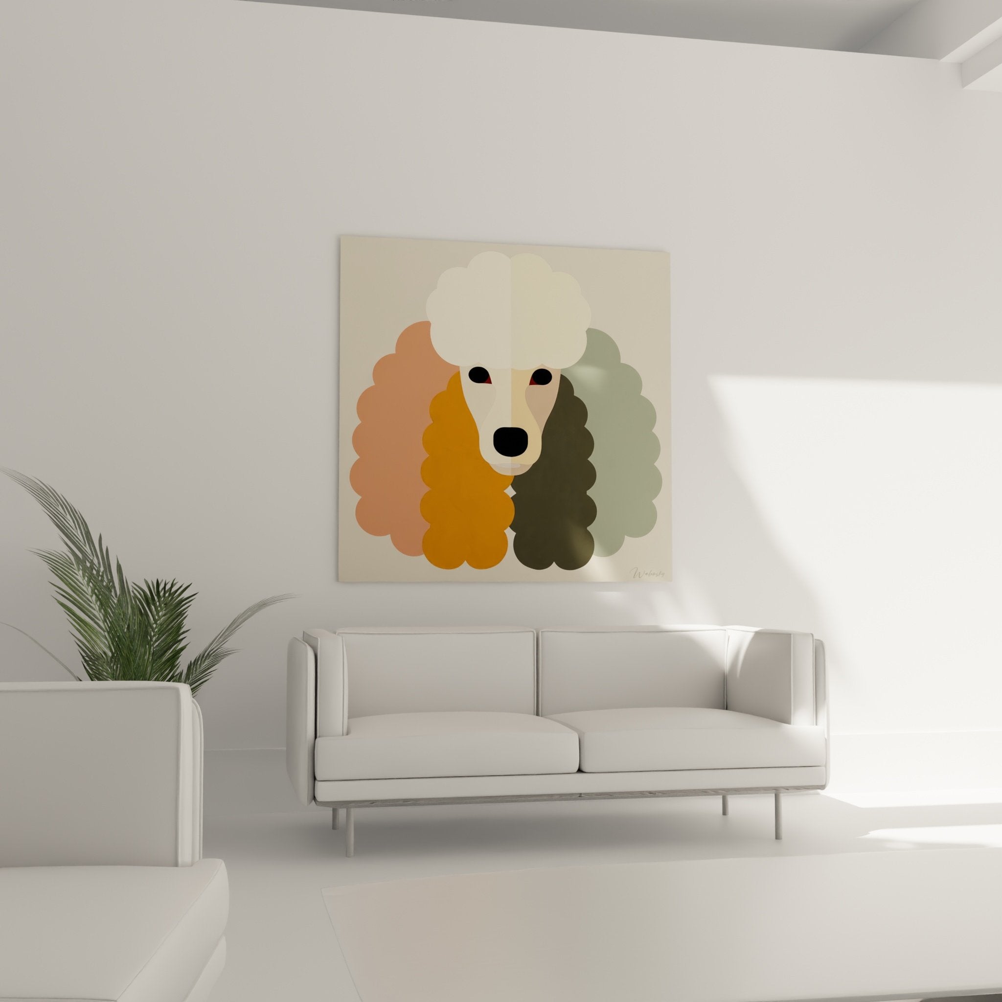 Détail du portrait stylisé de caniche montrant les cercles colorés et le museau expressif