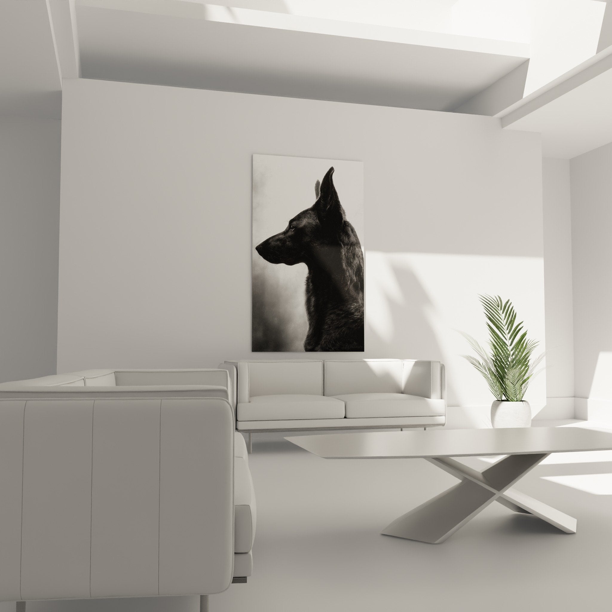 Détail du portrait canin monochrome montrant les textures du pelage et l'expression noble du chien