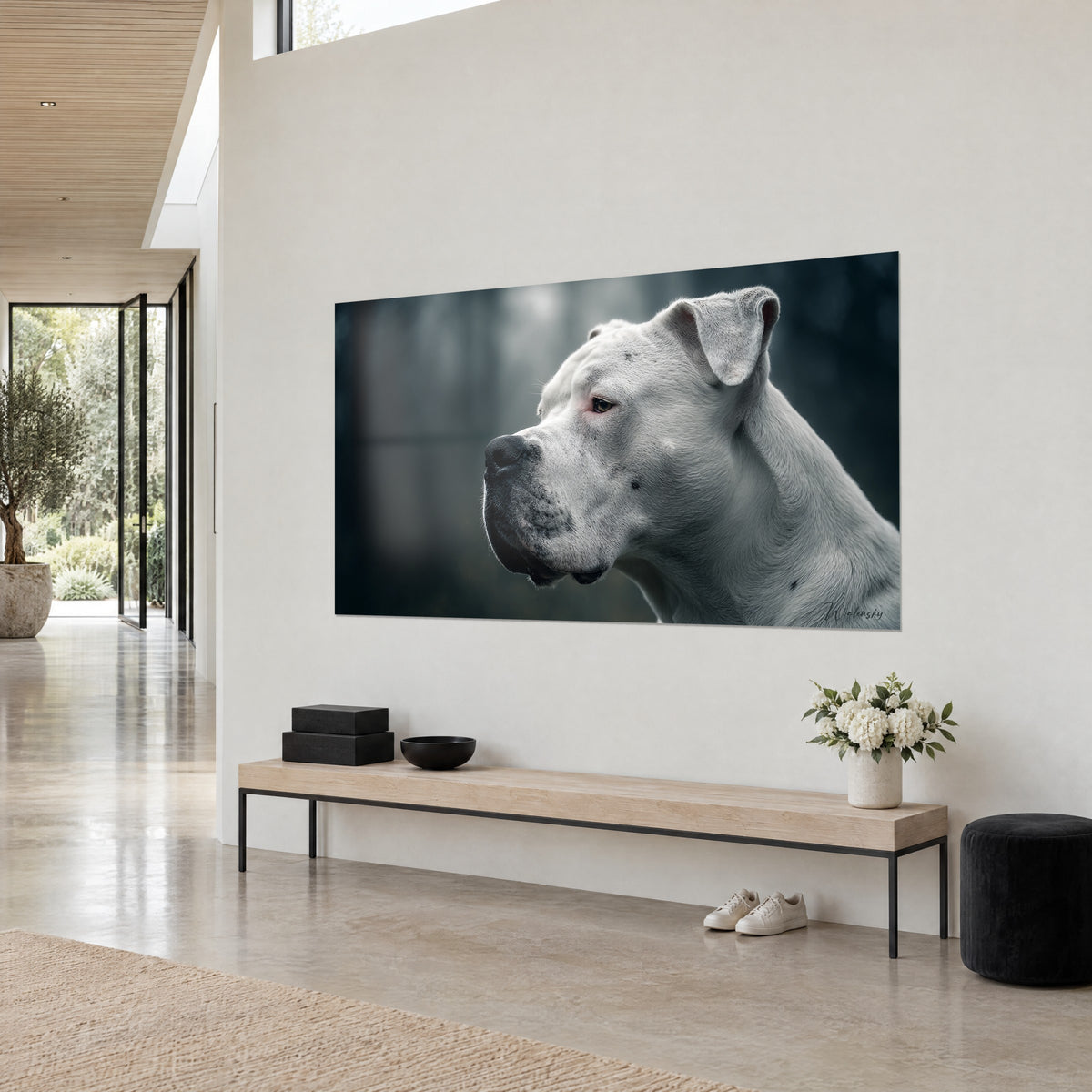 Wall art of a dog portrait with pearly ivory coat, folded ear and black nose, misty anthracite background, three-quarter view